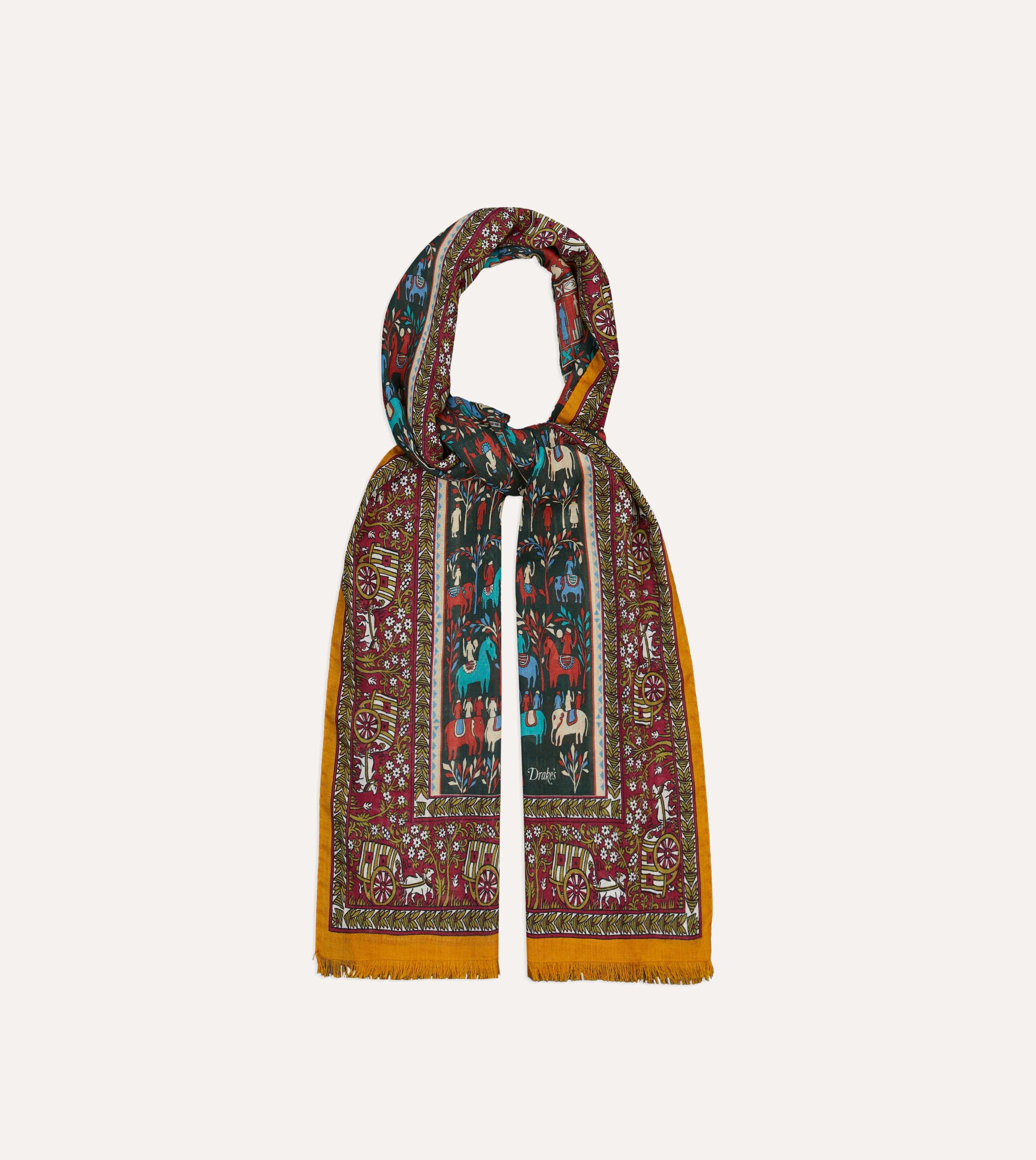 Burgundy Elephant Village Print Wool-Silk Scarf - Image 4
