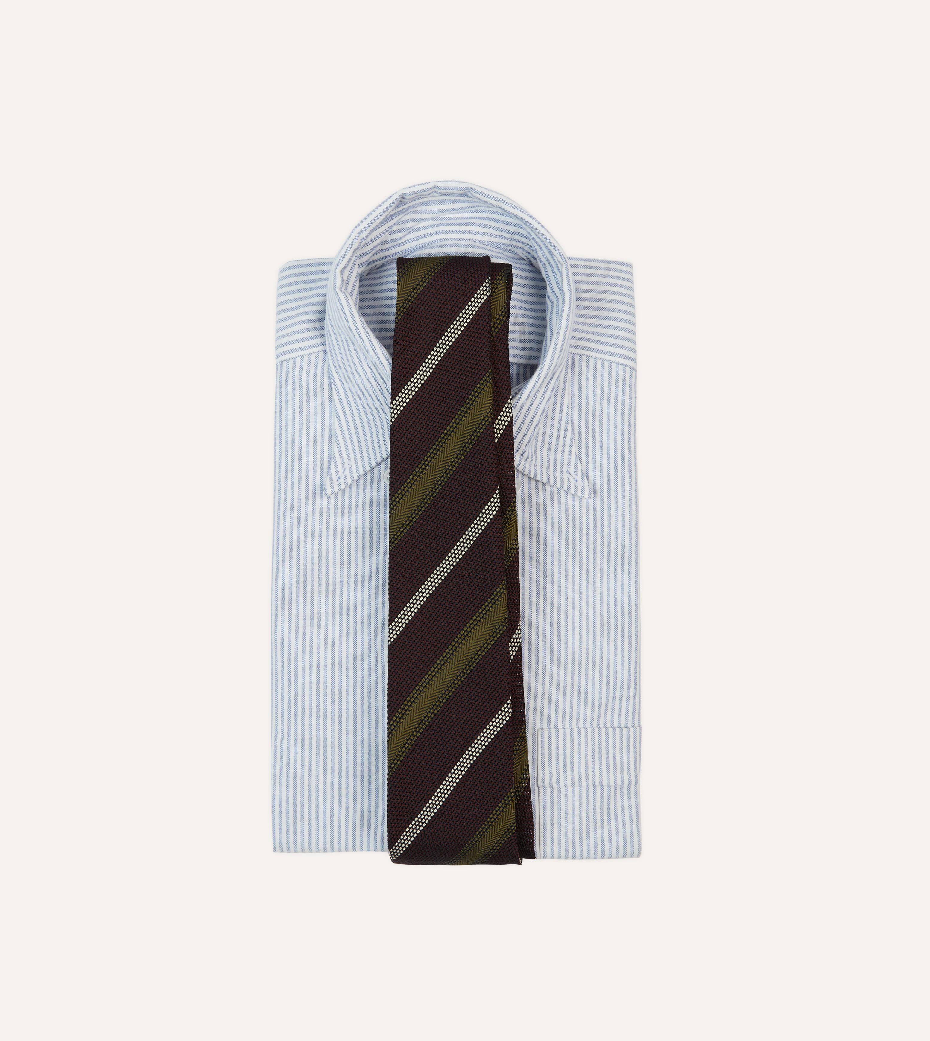 Burgundy, Olive and Ecru Stripe Hand Rolled Silk Grenadine Tie - Image 2