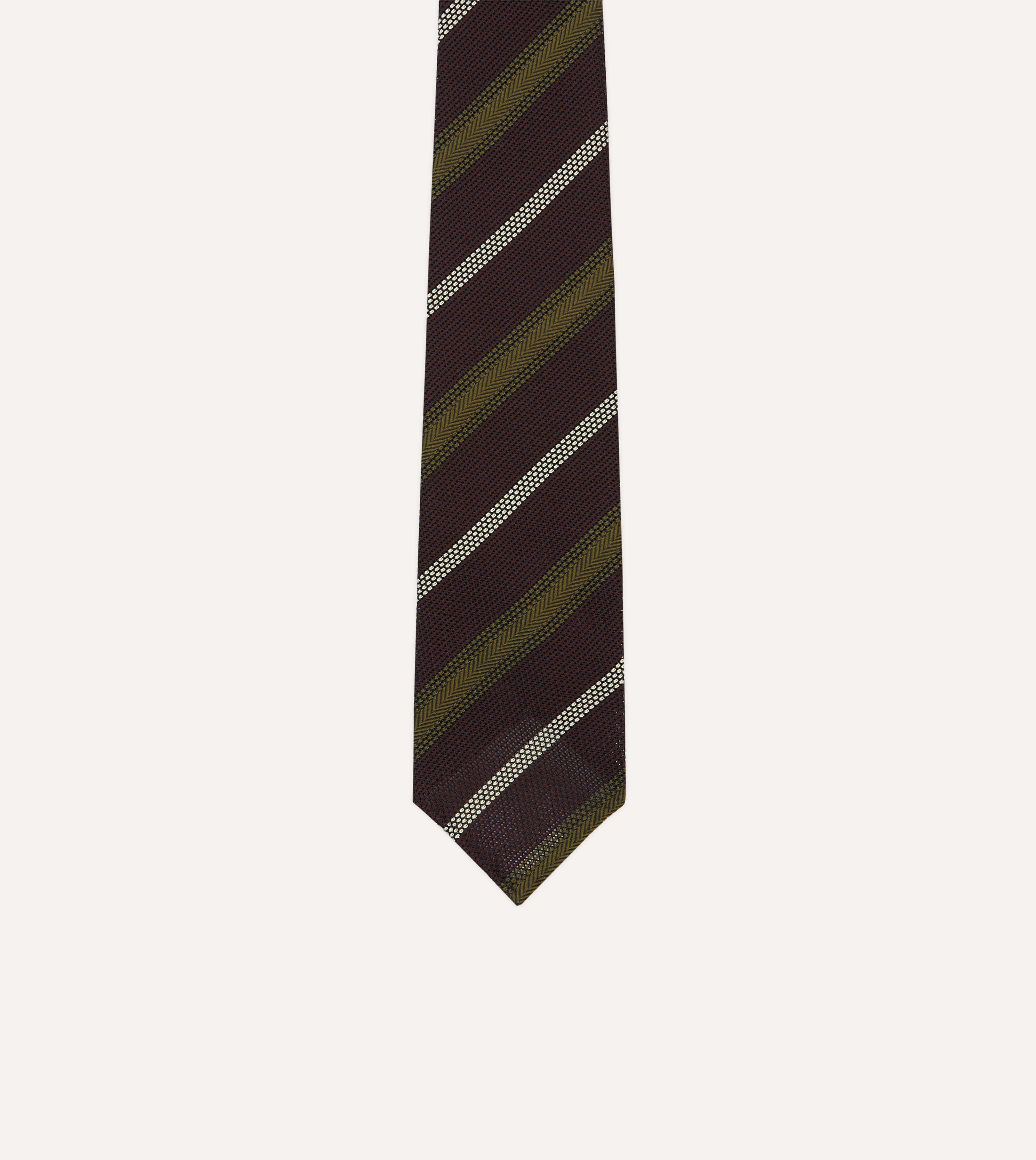 Burgundy, Olive and Ecru Stripe Hand Rolled Silk Grenadine Tie - Image 3