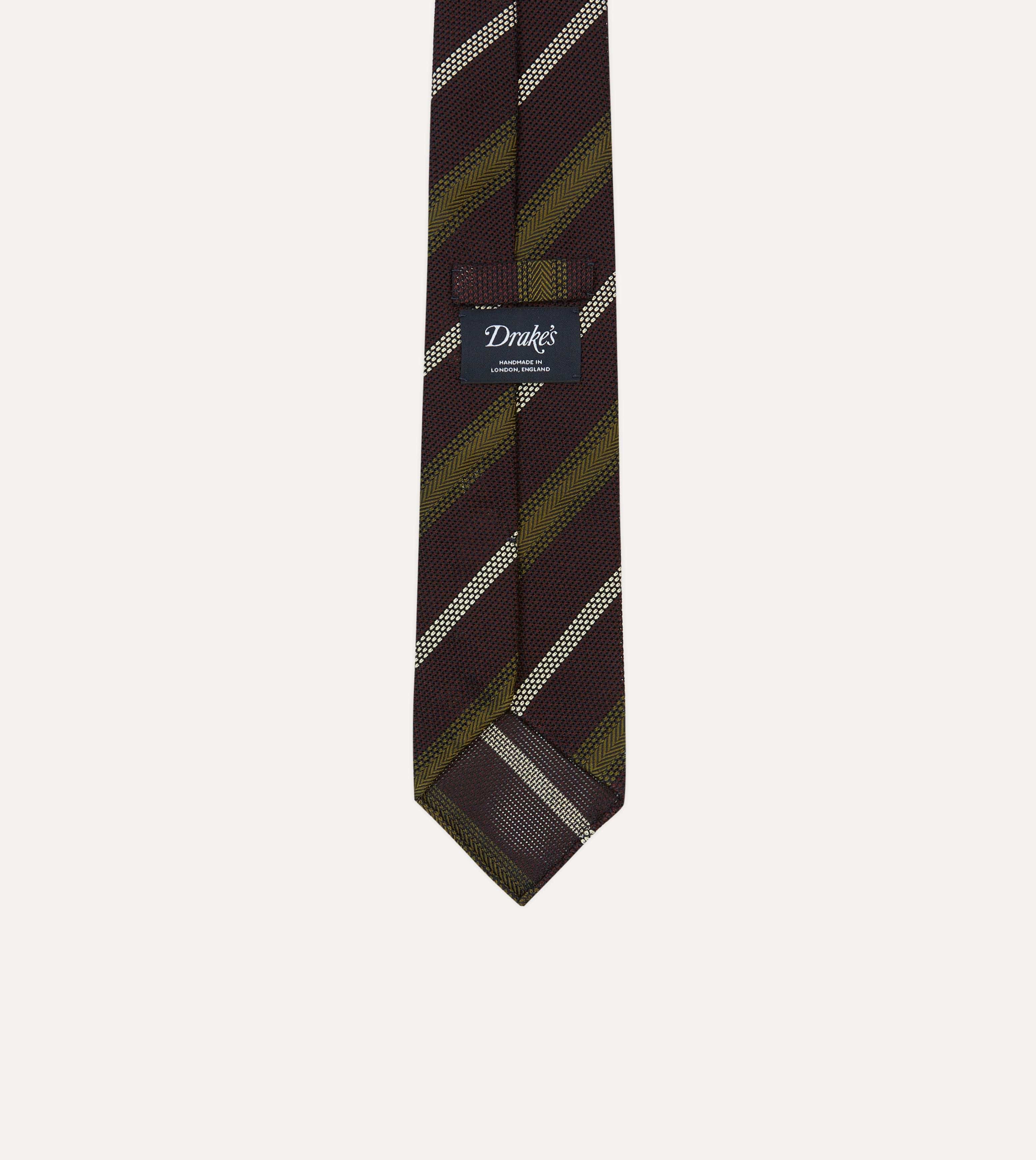 Burgundy, Olive and Ecru Stripe Hand Rolled Silk Grenadine Tie - Image 4