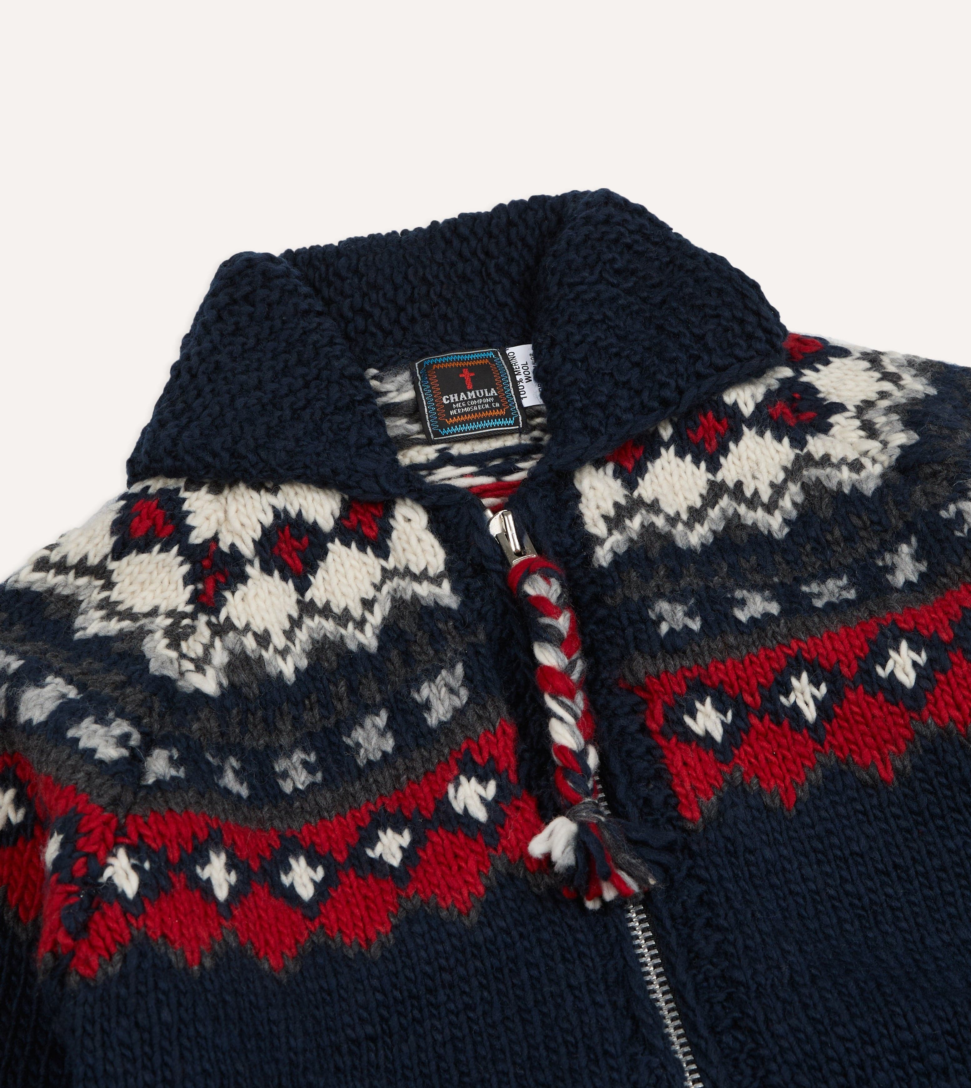 Chamula Navy and Red Fairisle Shawl Collar Cardigan - Image 3