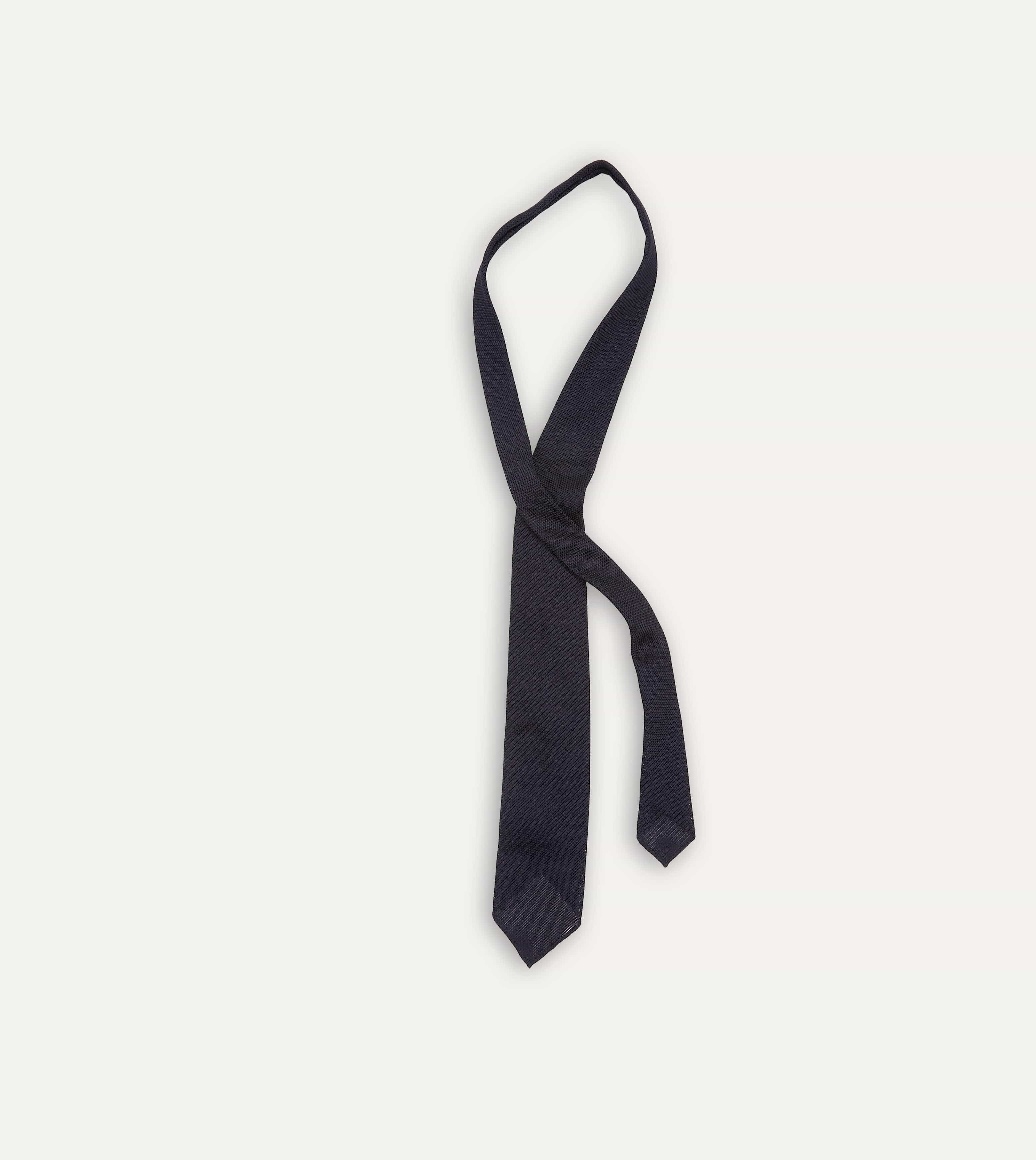 Dark Navy Fine Woven Grenadine Silk Hand Rolled Tie - Image 4