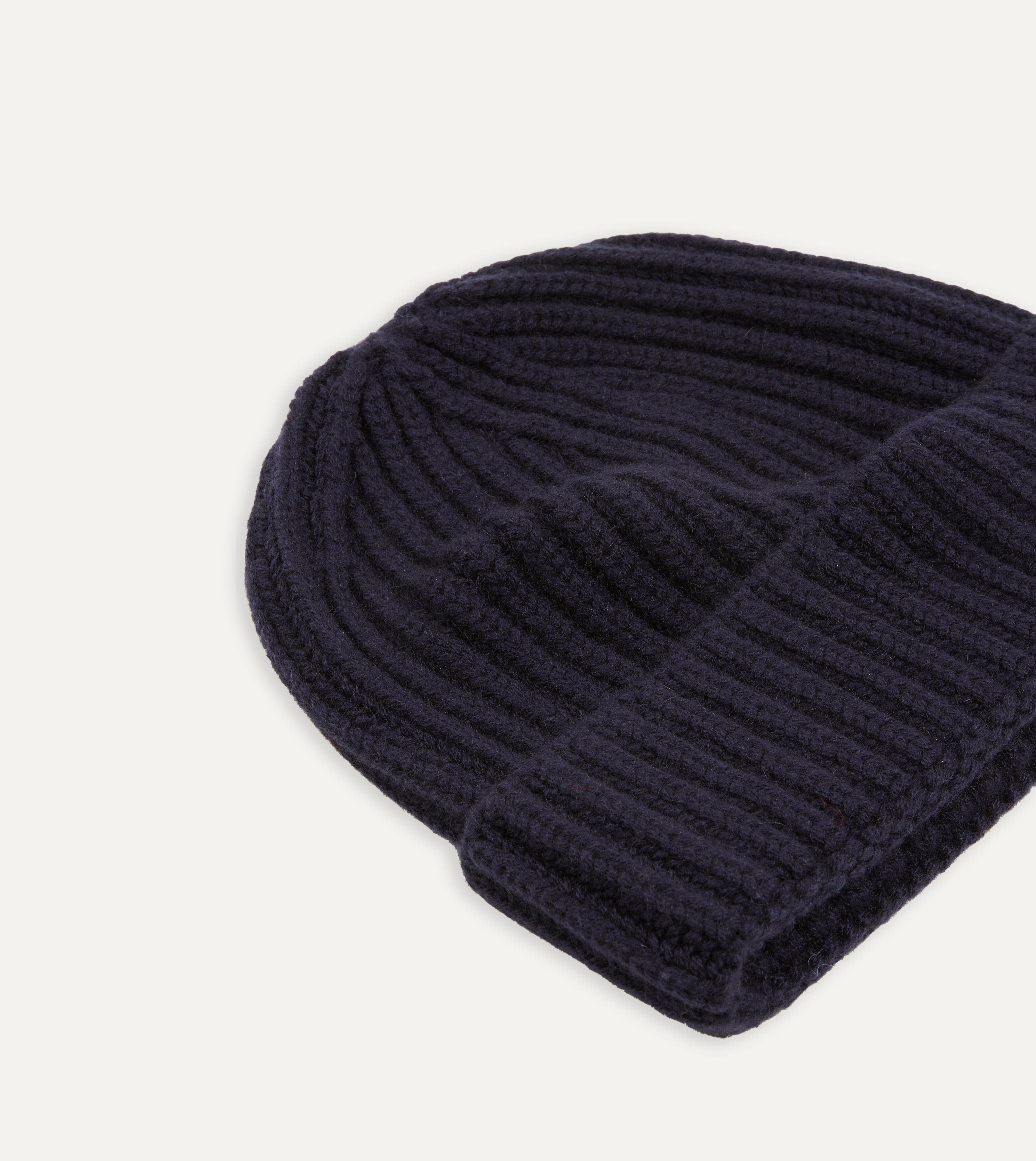 Navy Cashmere Ribbed Knit Beanie - Image 4