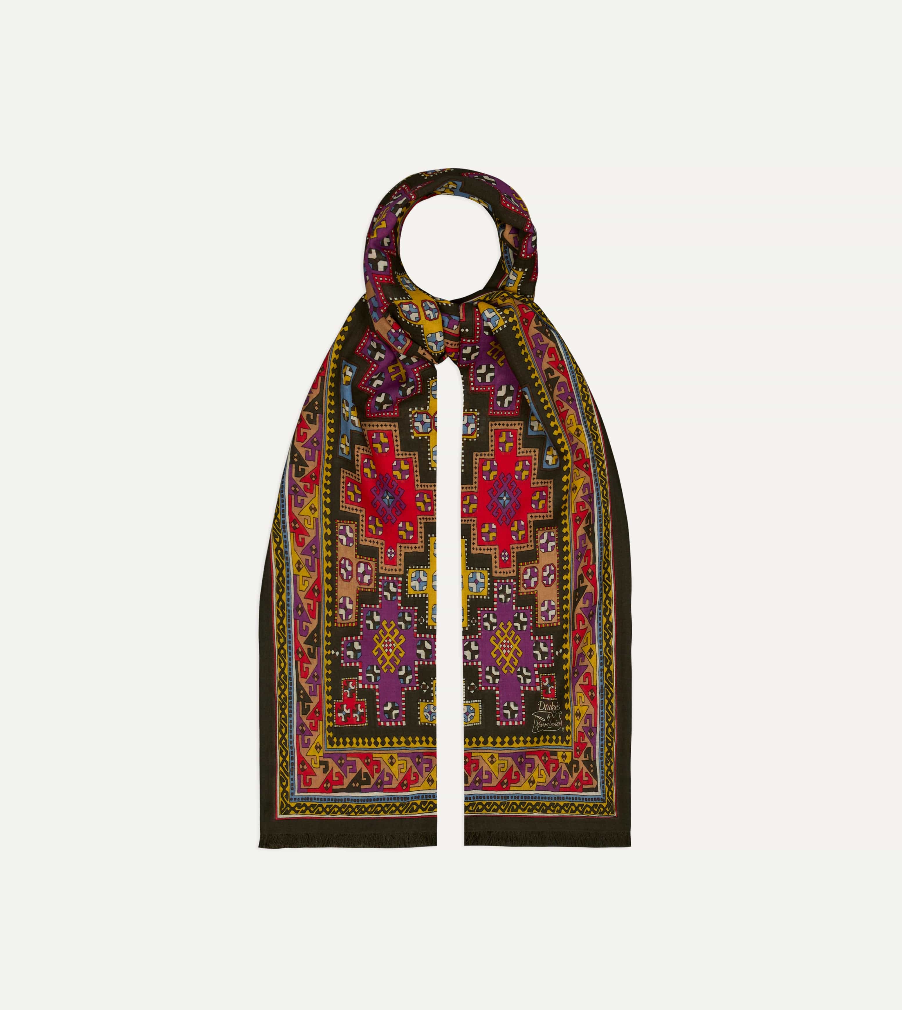 Drake's by A. Levine Black Geometric Print Tubular Wool Silk Scarf - Image 4