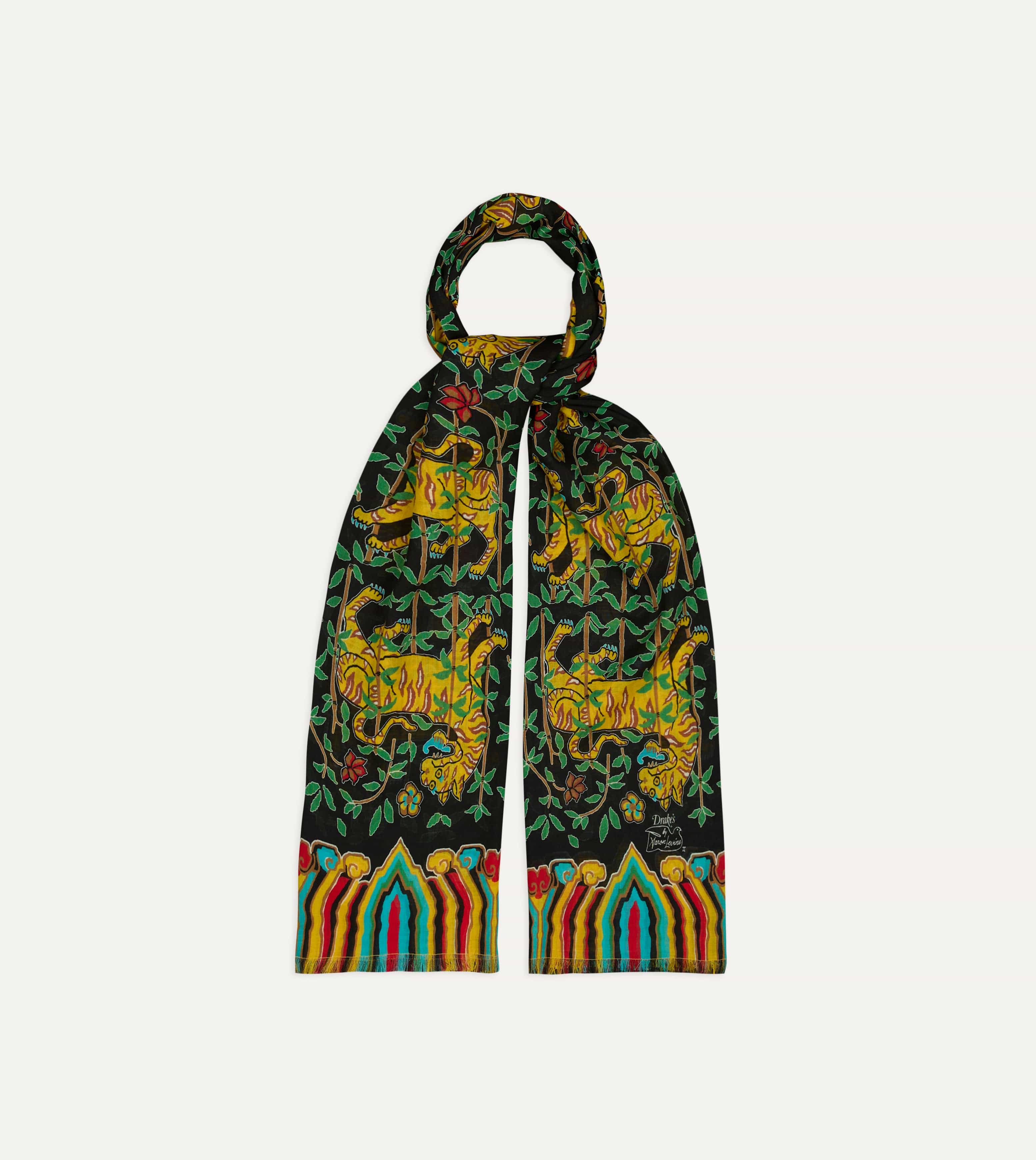 Drake's by A. Levine Black Tigers Print Tubular Wool Silk Scarf - Image 4