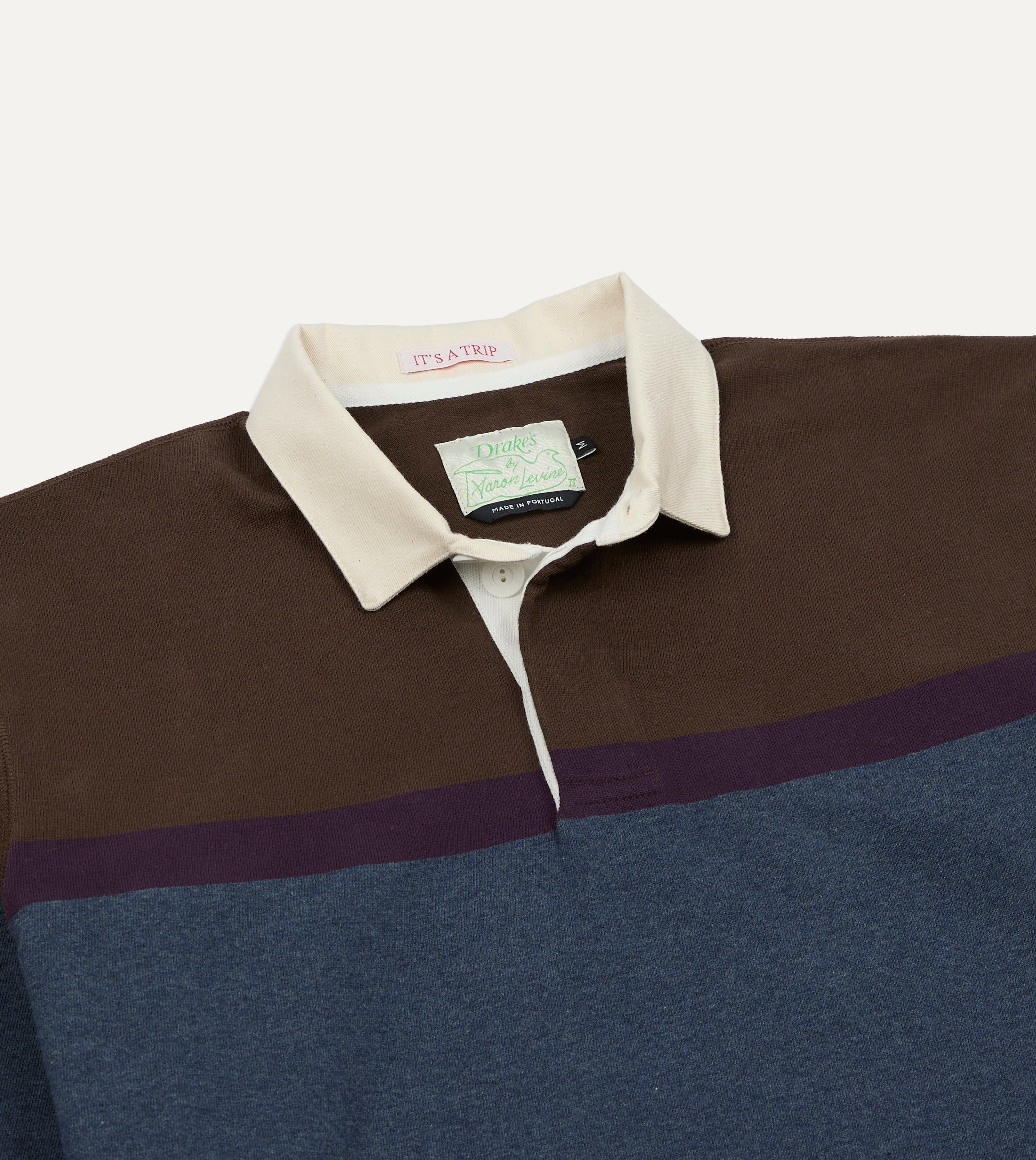Drake's by A. Levine Brown and Blue Centre Stripe Cotton Rugby Shirt - Image 3