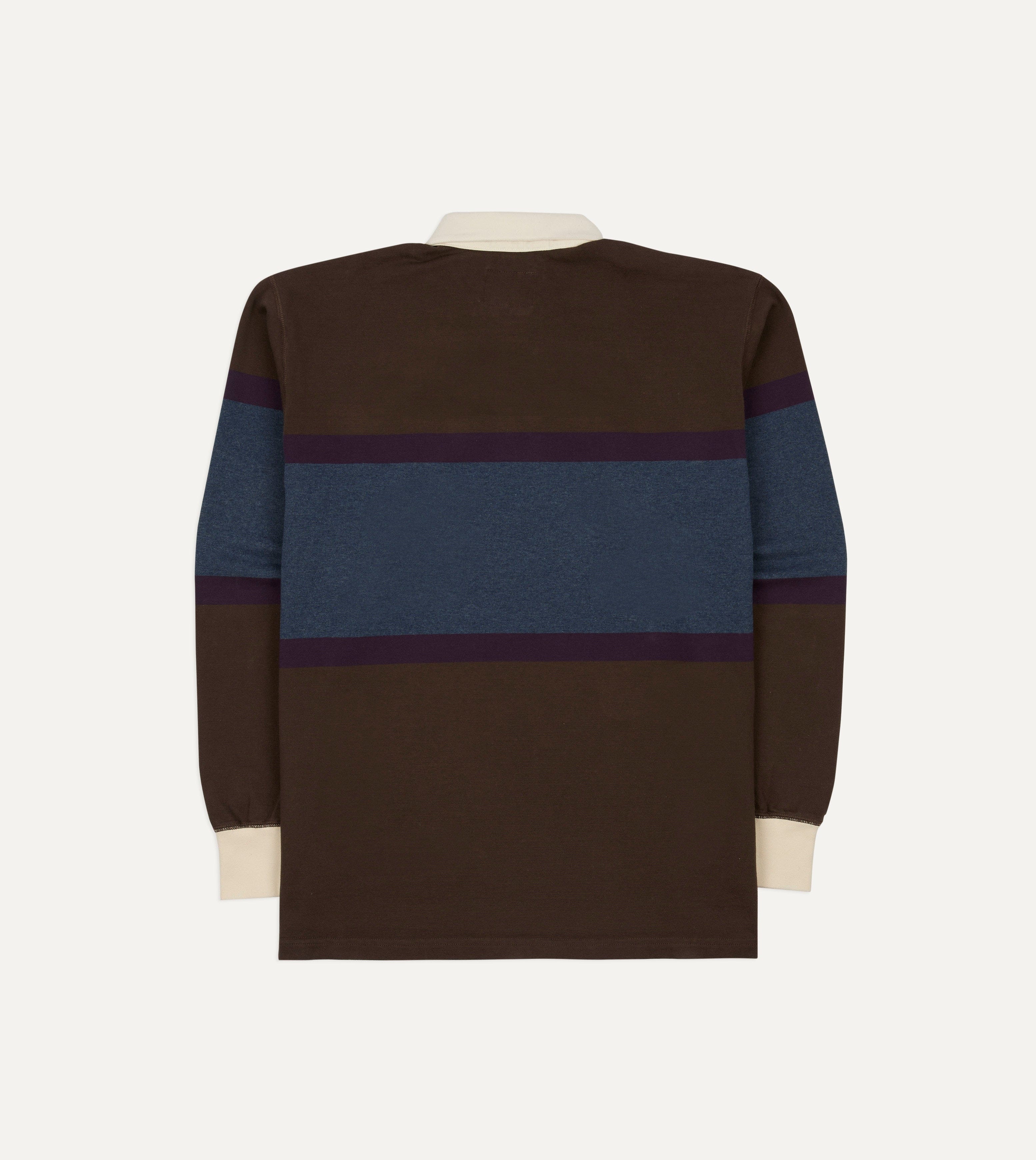 Drake's by A. Levine Brown and Blue Centre Stripe Cotton Rugby Shirt - Image 6