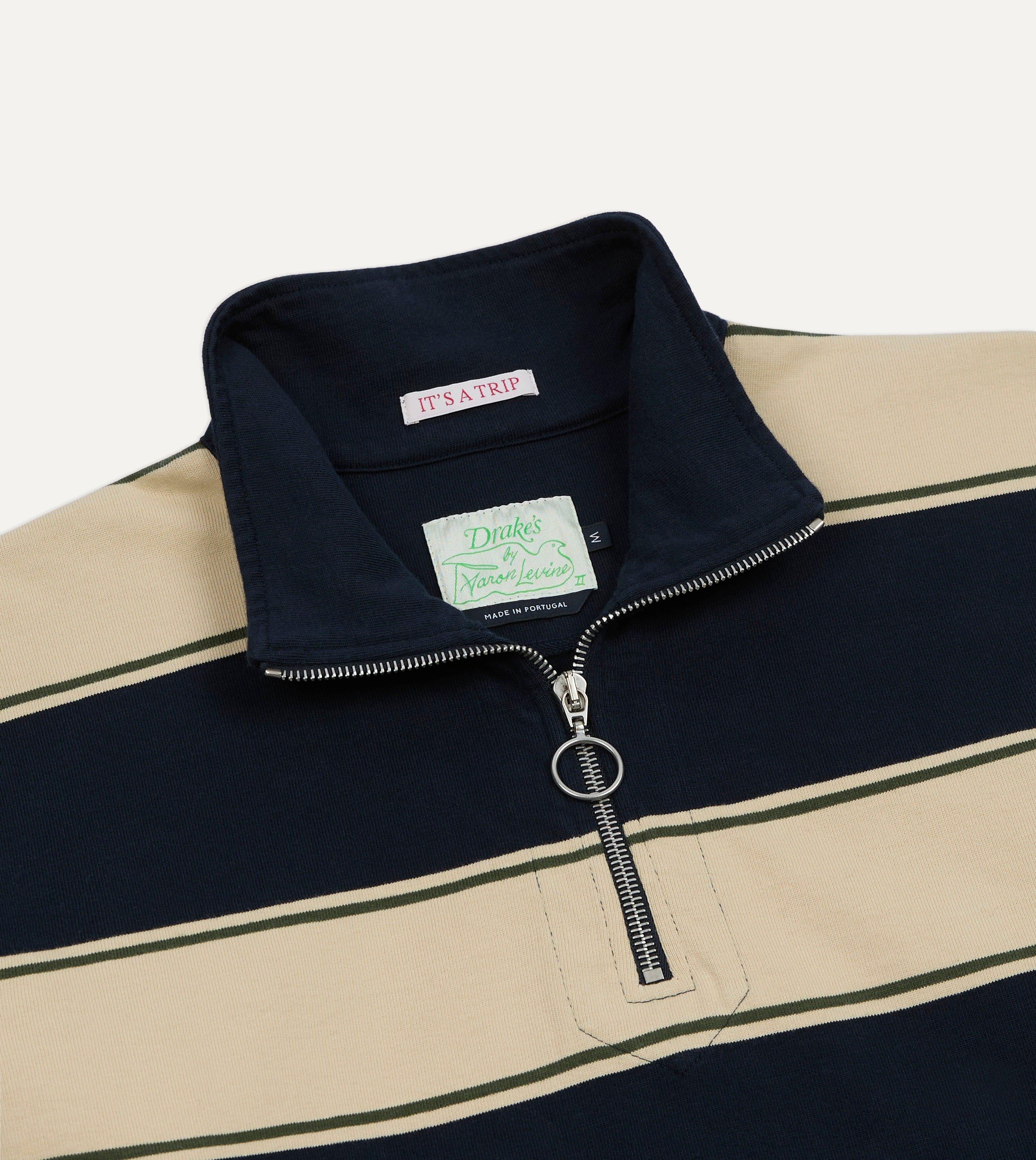 Drake's by A. Levine Navy Stripe Cotton Quarter Zip Rugby Shirt - Image 3