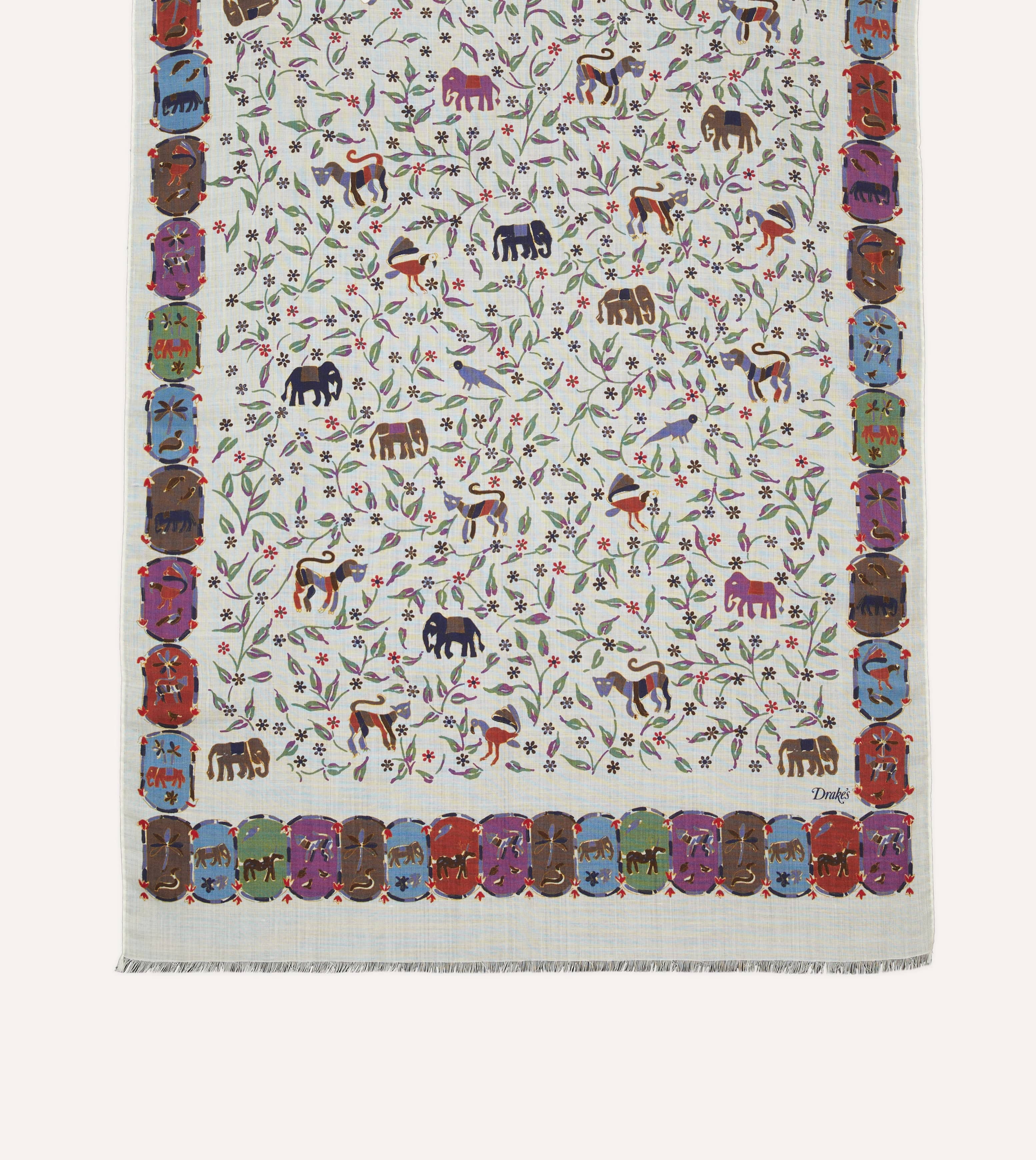 Ecru Elephants and Flowers Print Wool-Silk Scarf - Image 3