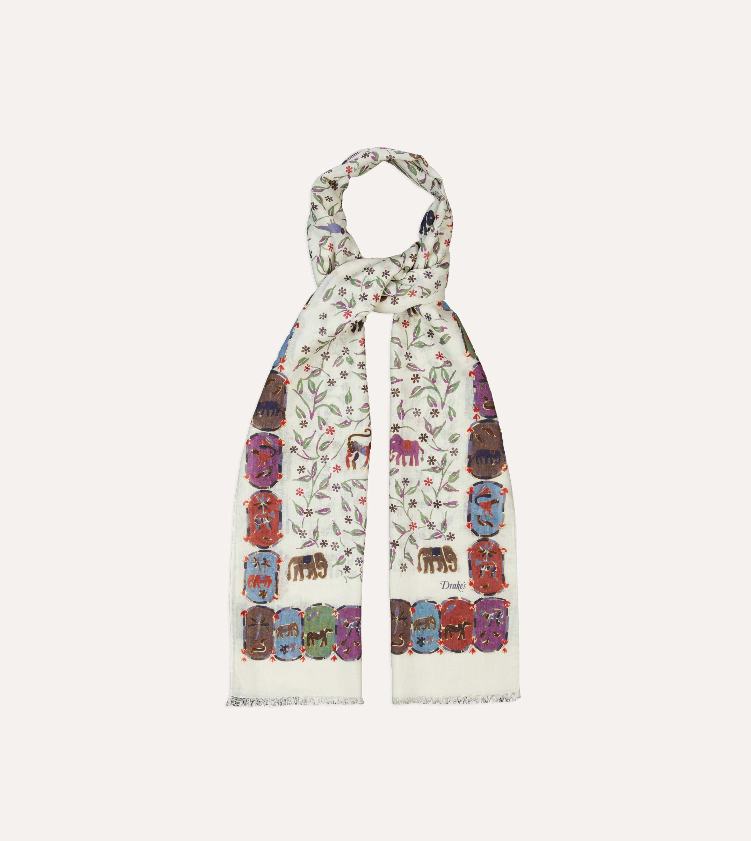 Ecru Elephants and Flowers Print Wool-Silk Scarf - Image 4