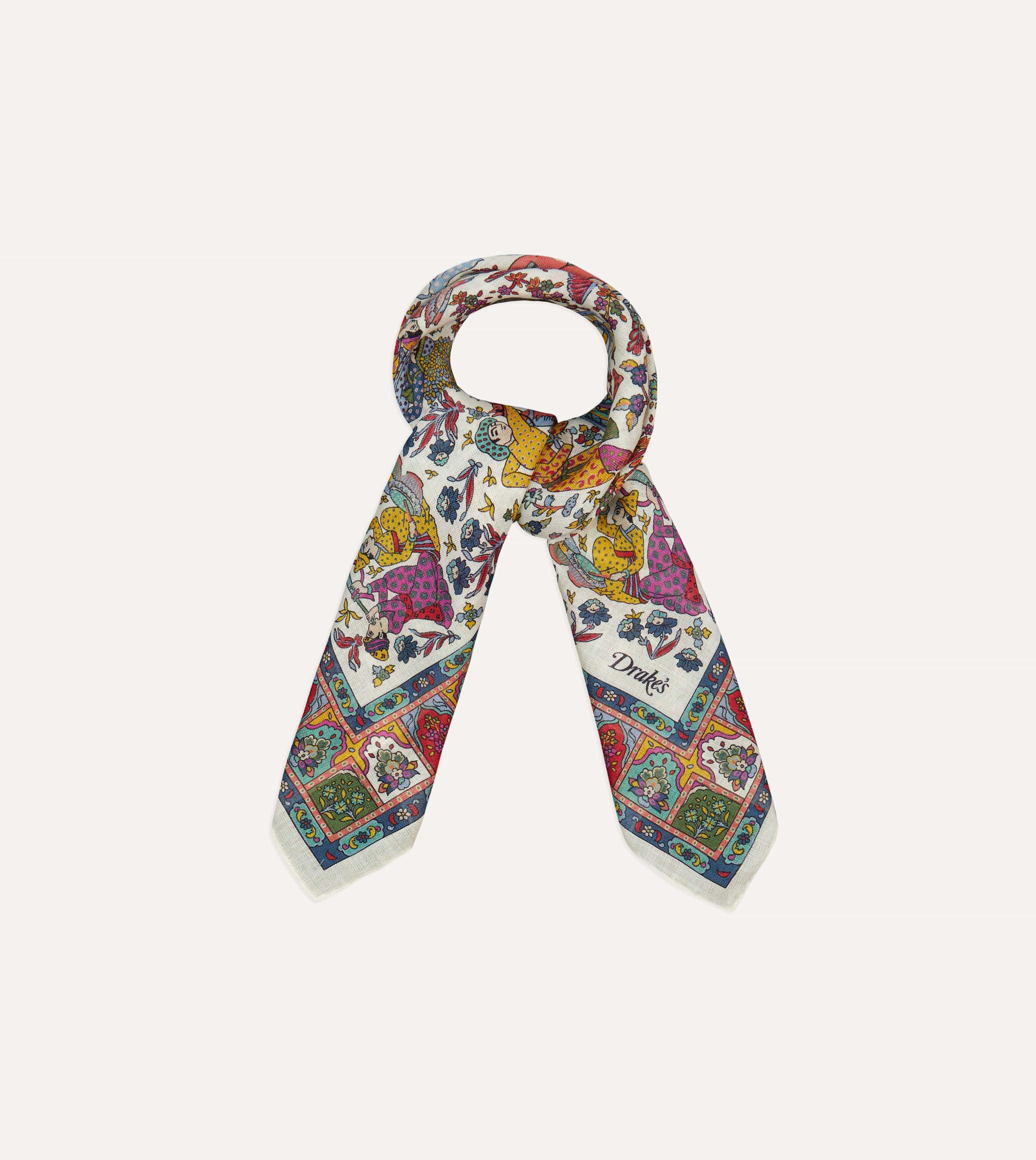 Ecru Floral Mughal Print Wool-Silk Bandana - Image 5