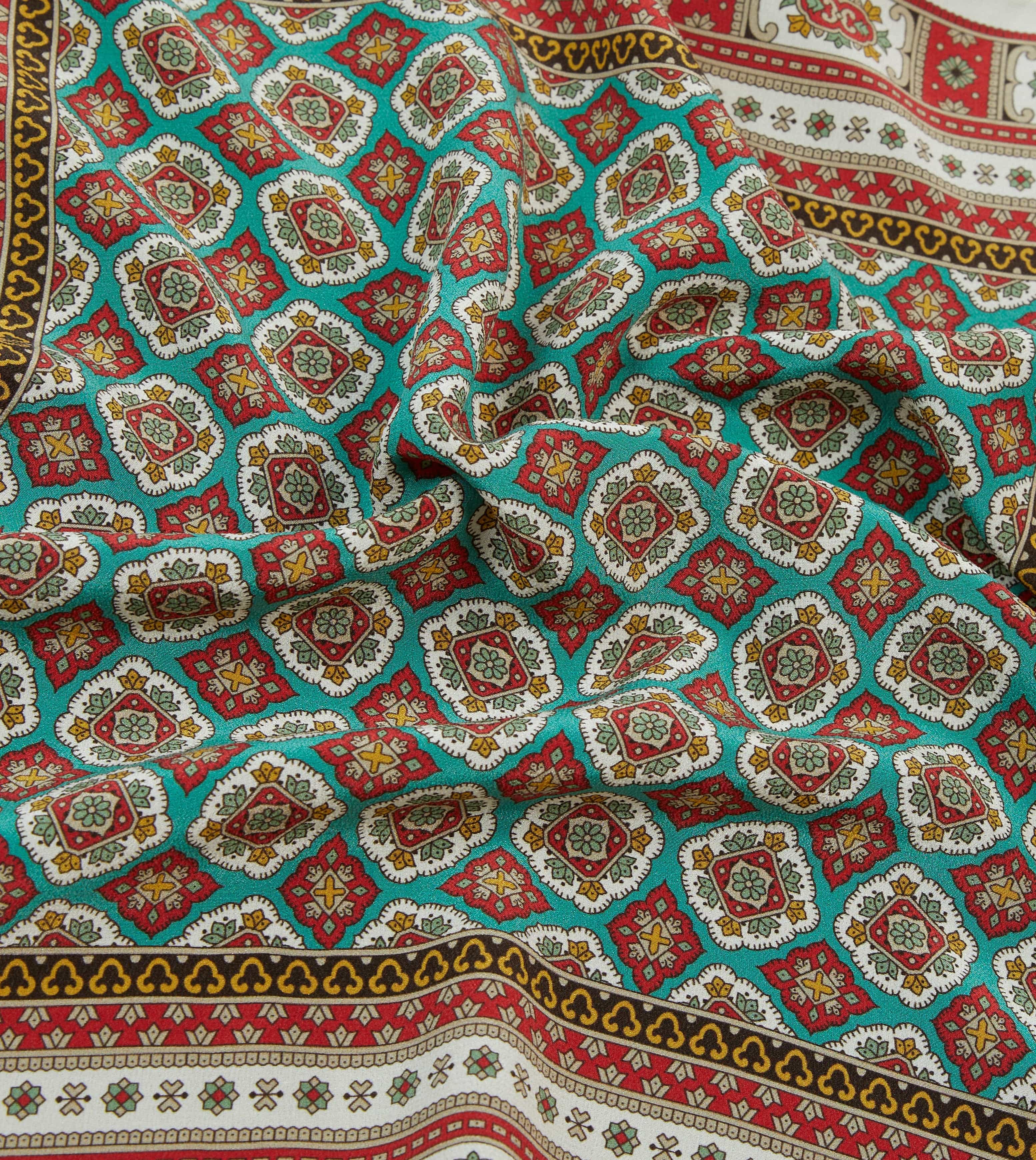 Ecru, Red and Gold Floral Medallion Print Silk Pocket Square - Image 2