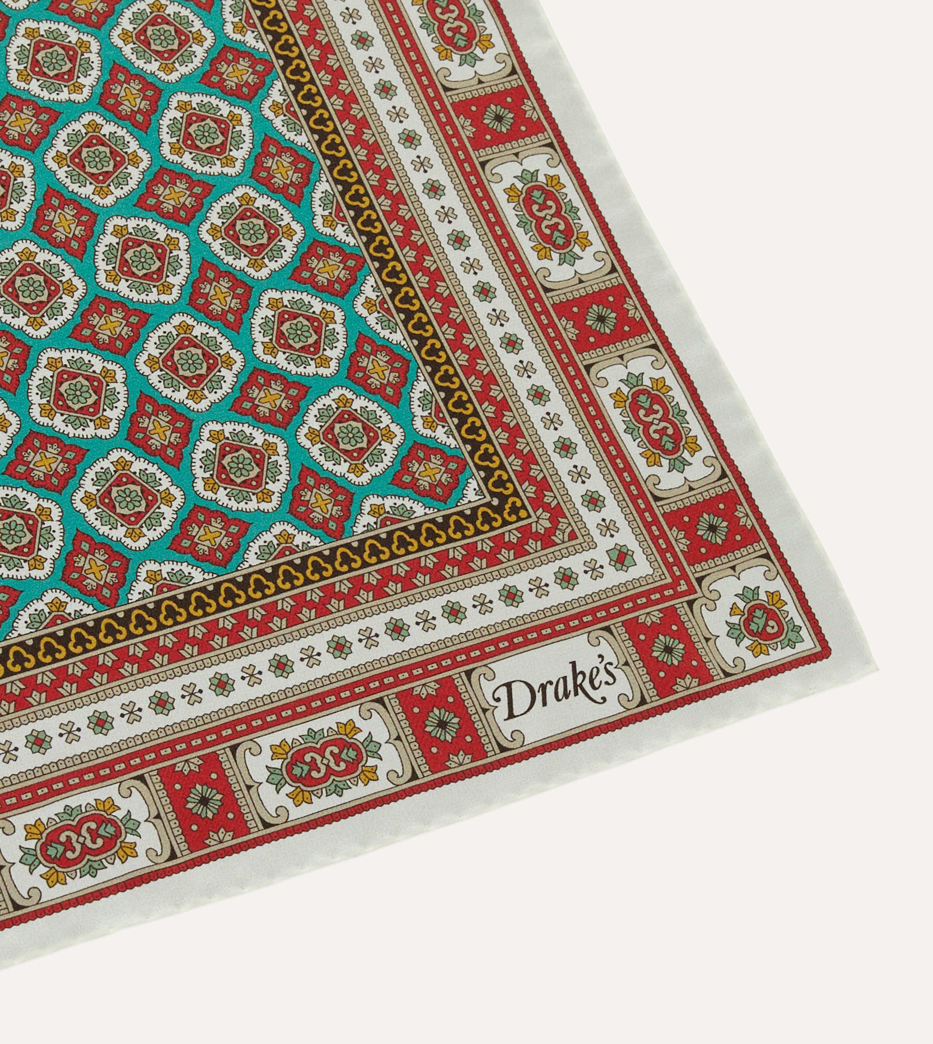 Ecru, Red and Gold Floral Medallion Print Silk Pocket Square - Image 3