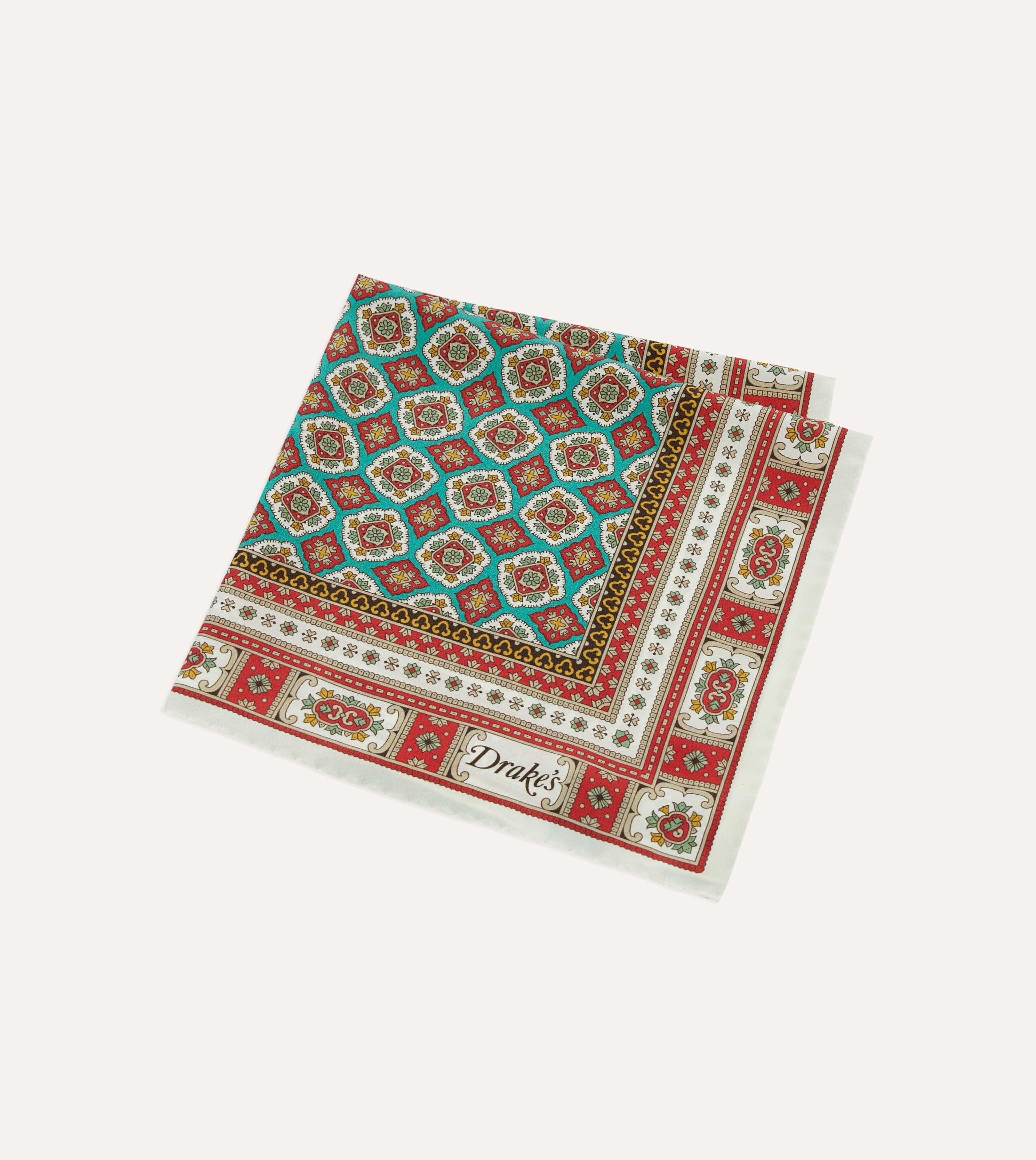 Ecru, Red and Gold Floral Medallion Print Silk Pocket Square - Image 4