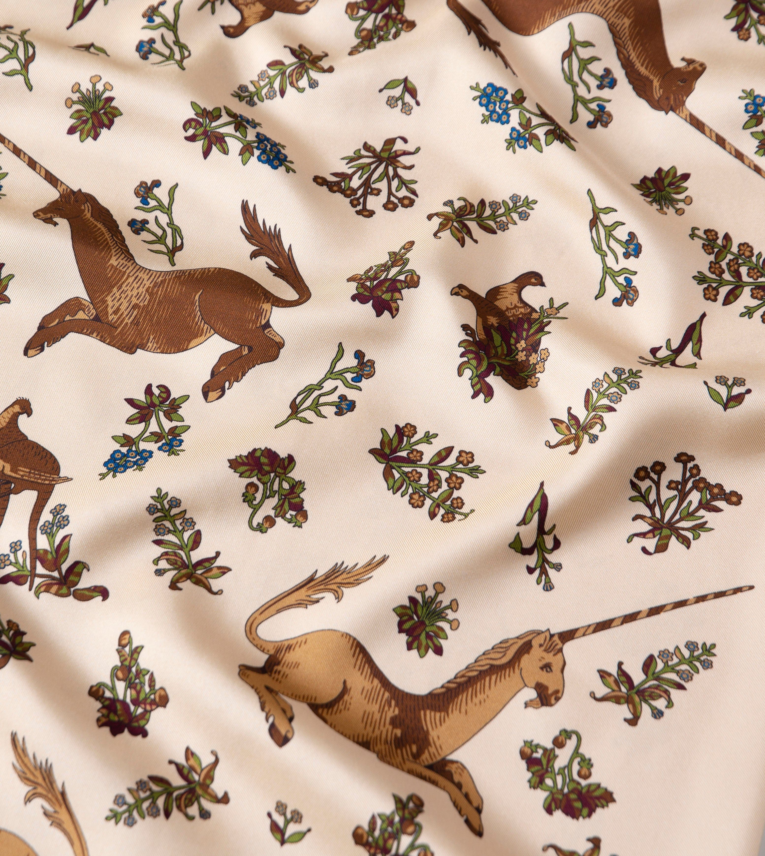 Ecru Unicorn Print Tubular Silk Tasselled Scarf - Image 2