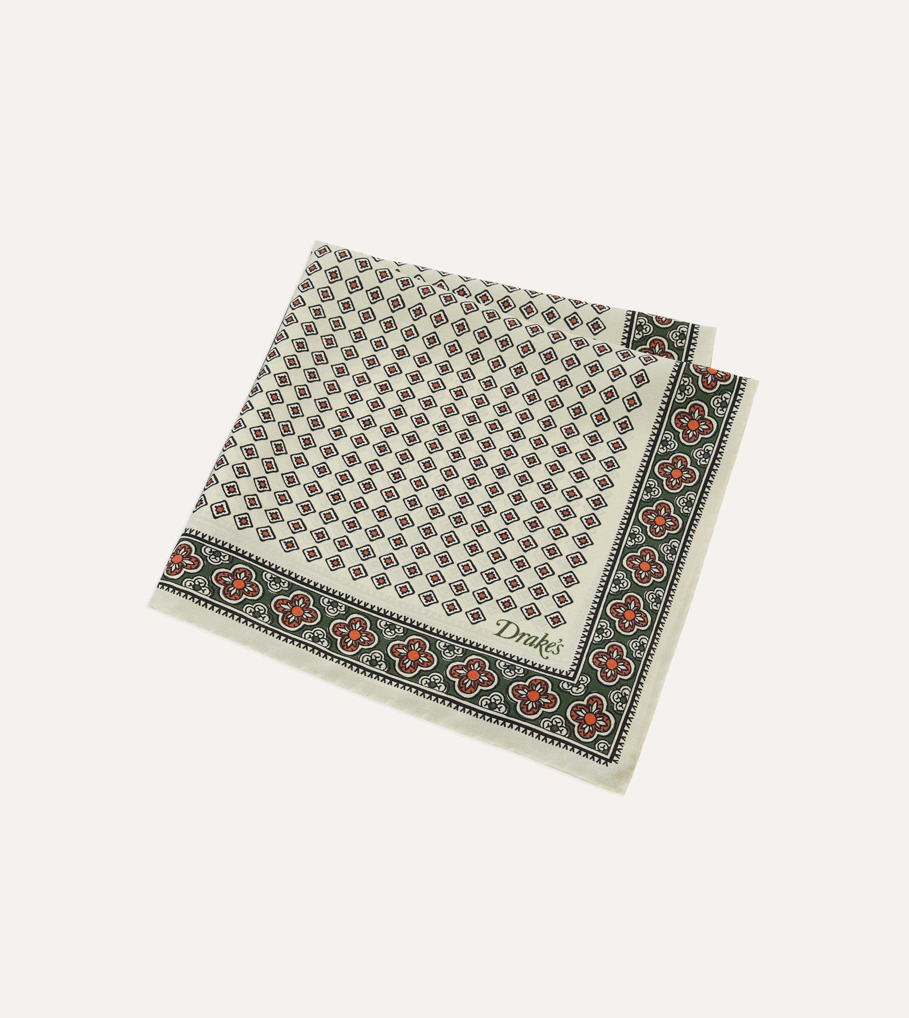 Ecru Vintage Tile Print Silk Pocket Square - Image 4