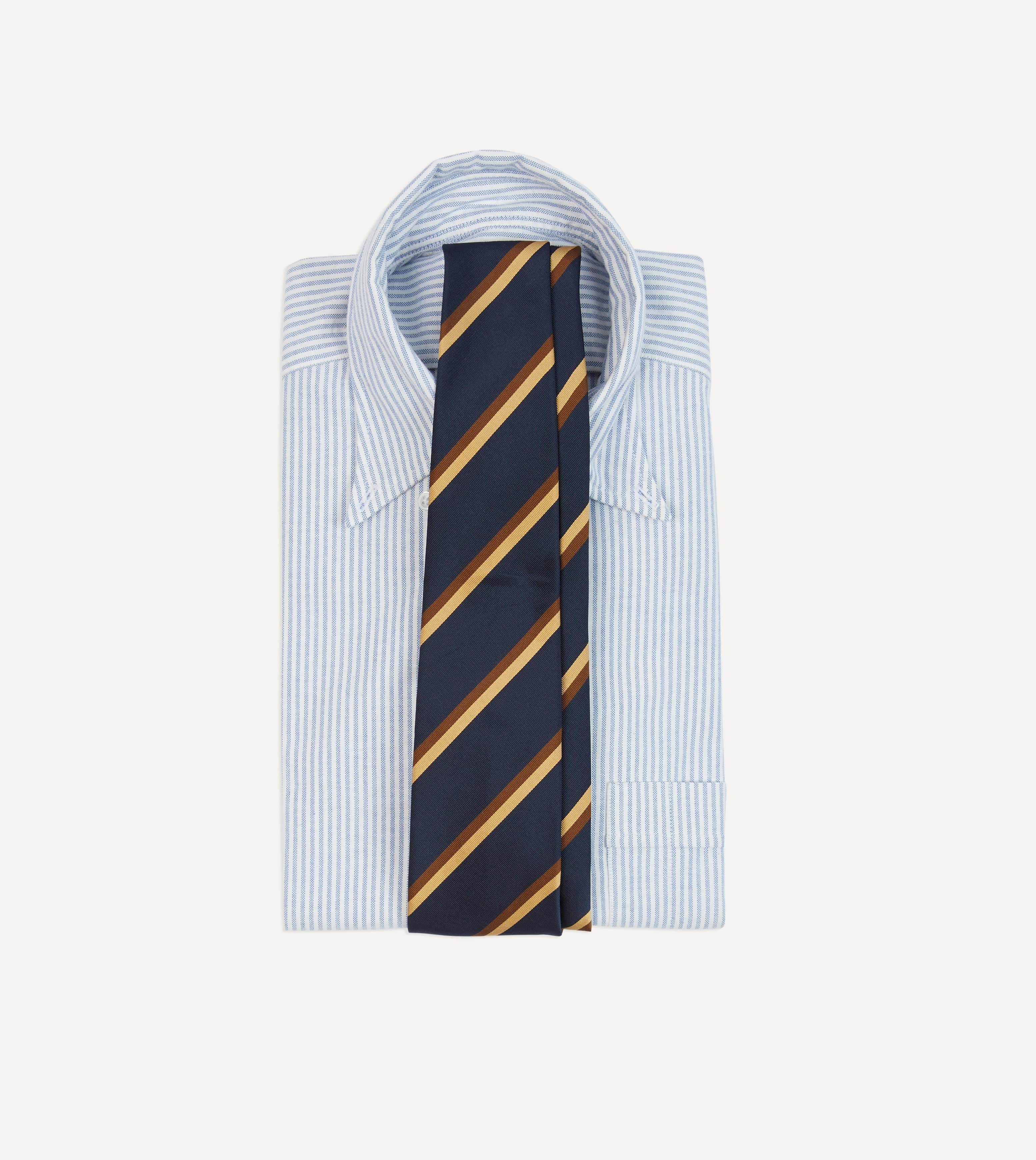 Navy, Gold and Brown Double Stripe Mogador Silk Tipped Tie - Image 2