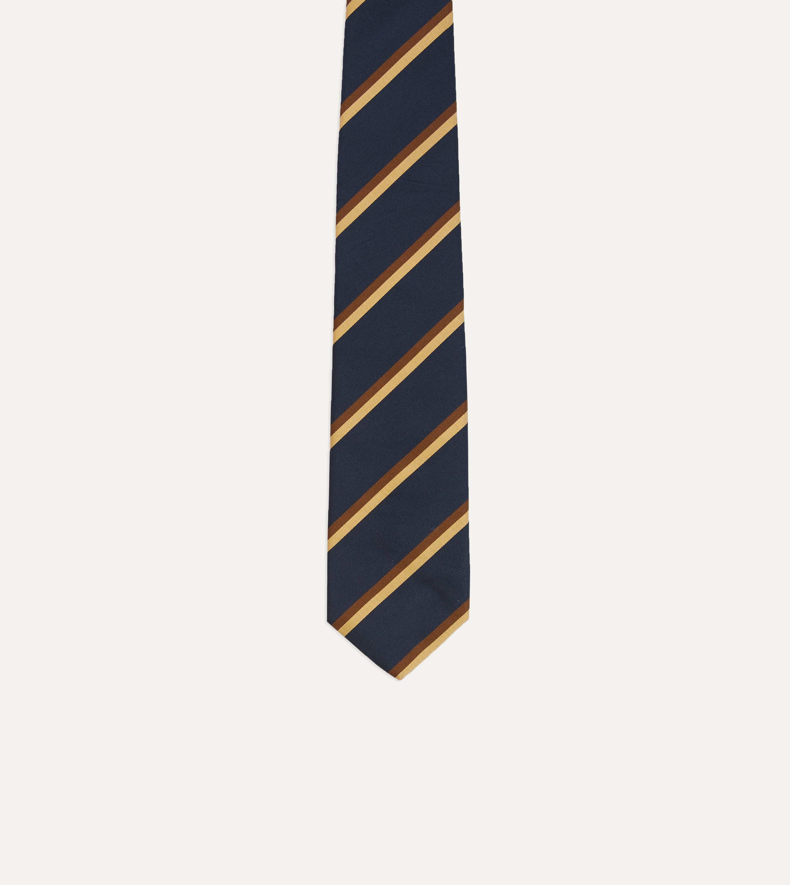 Navy, Gold and Brown Double Stripe Mogador Silk Tipped Tie - Image 3