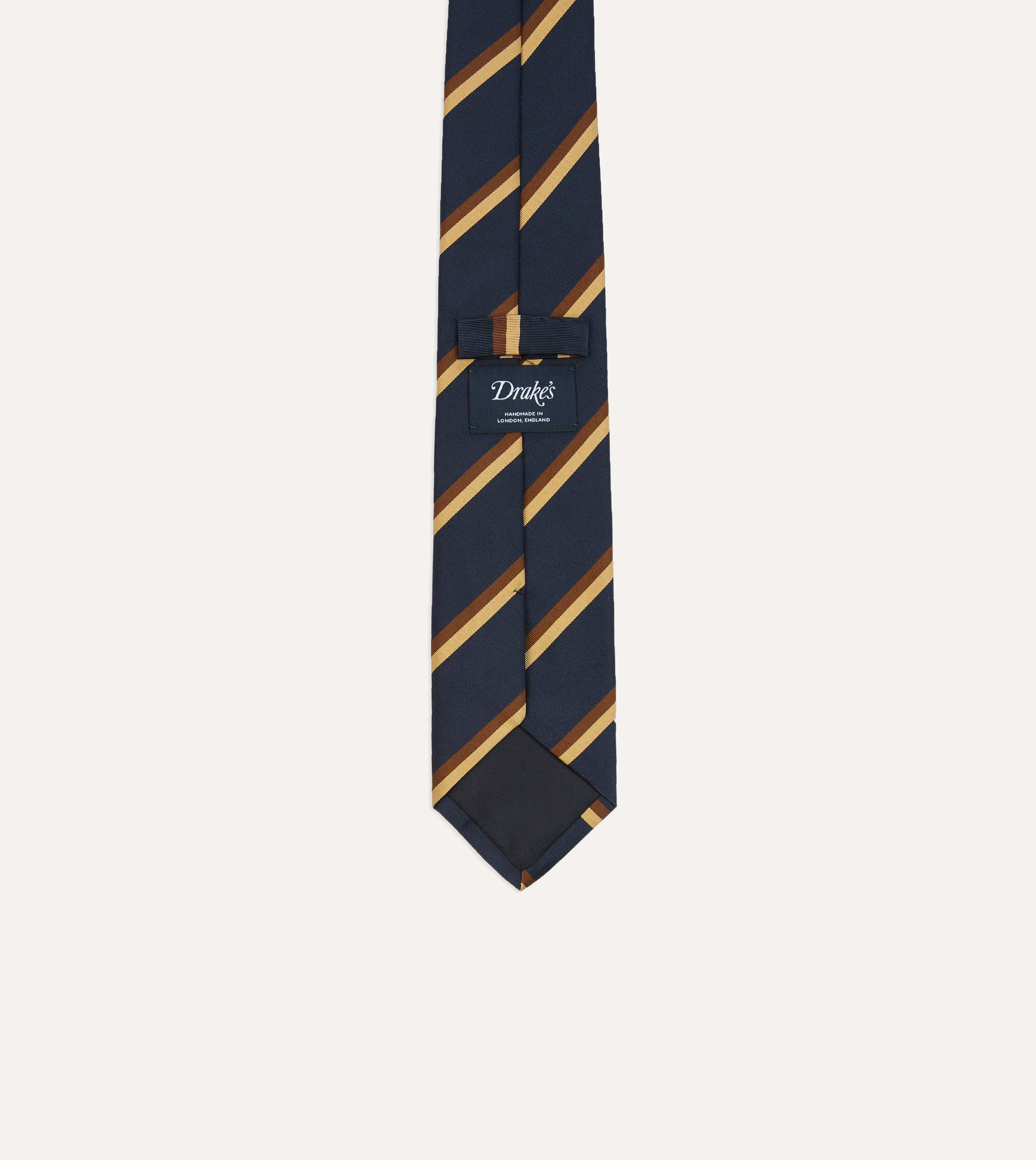Navy, Gold and Brown Double Stripe Mogador Silk Tipped Tie - Image 4
