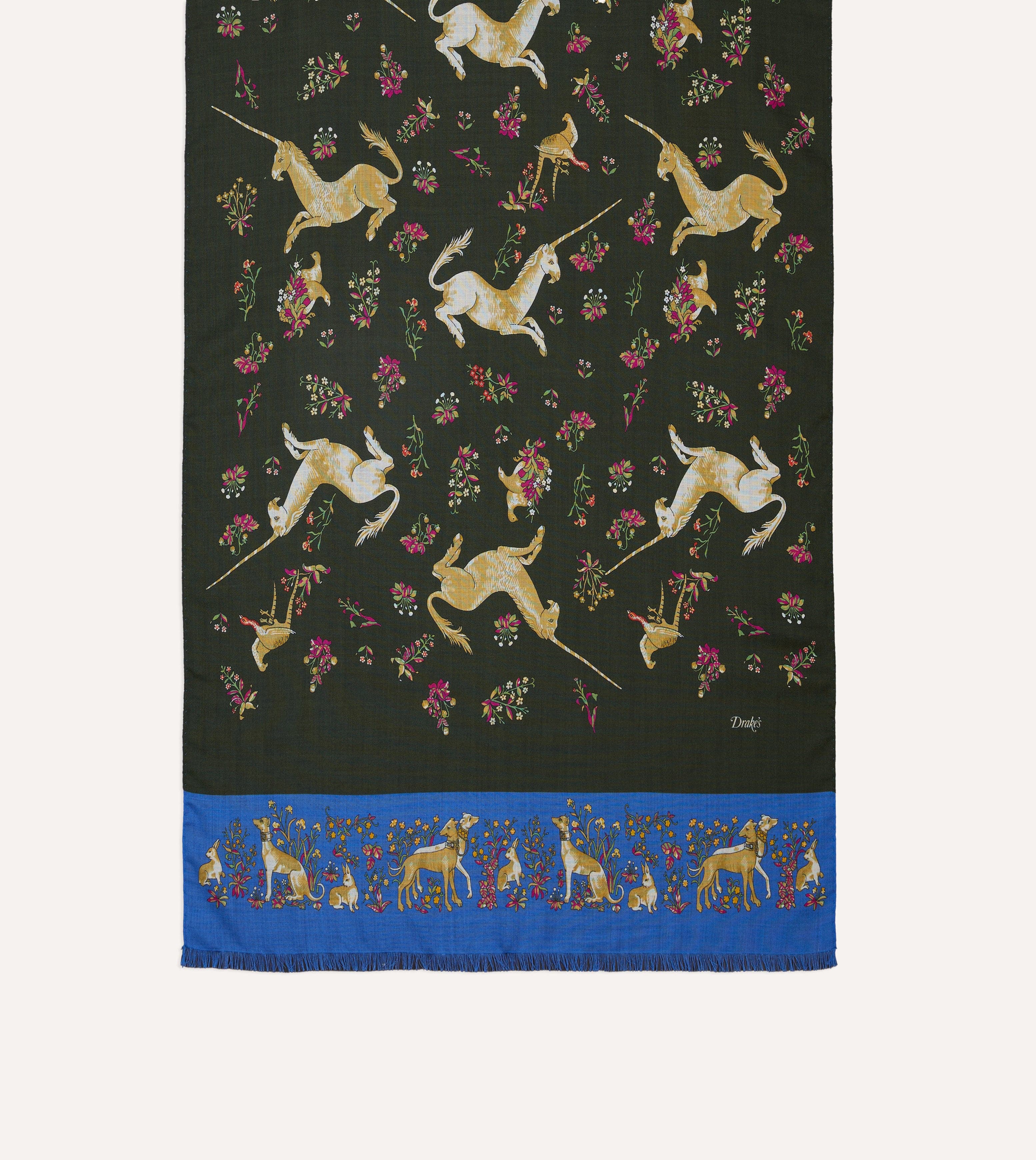 Green and Blue Unicorn Print Tubular Wool Silk Scarf - Image 3