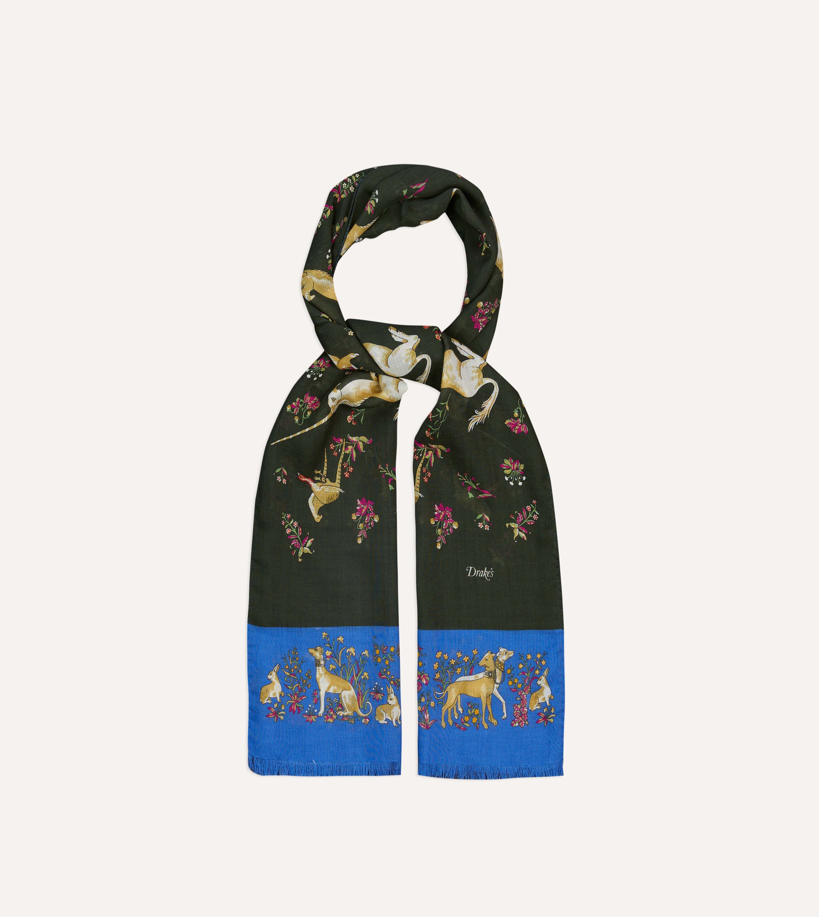 Green and Blue Unicorn Print Tubular Wool Silk Scarf - Image 4