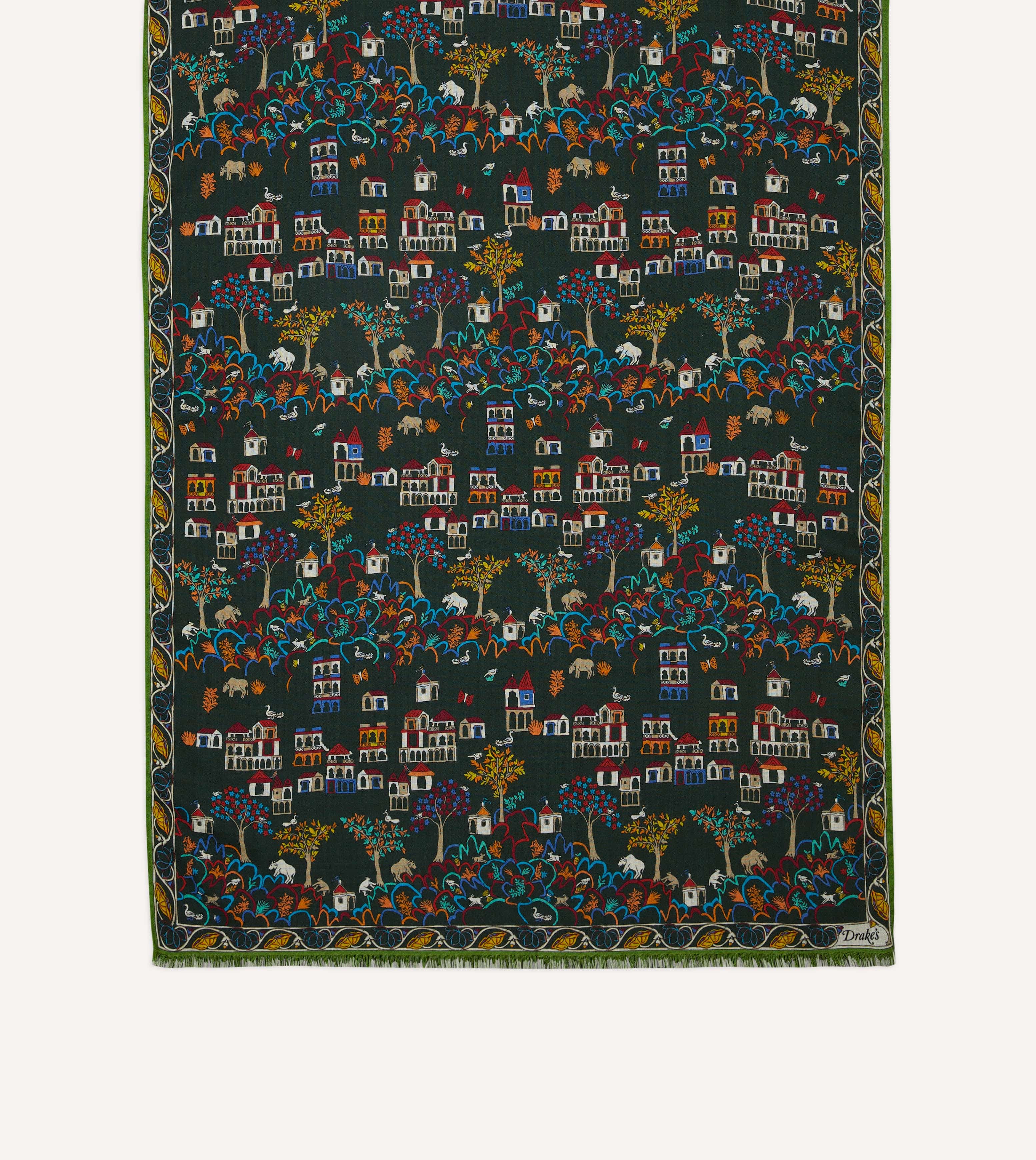 Green Antique Village Print Wool Silk Scarf - Image 3