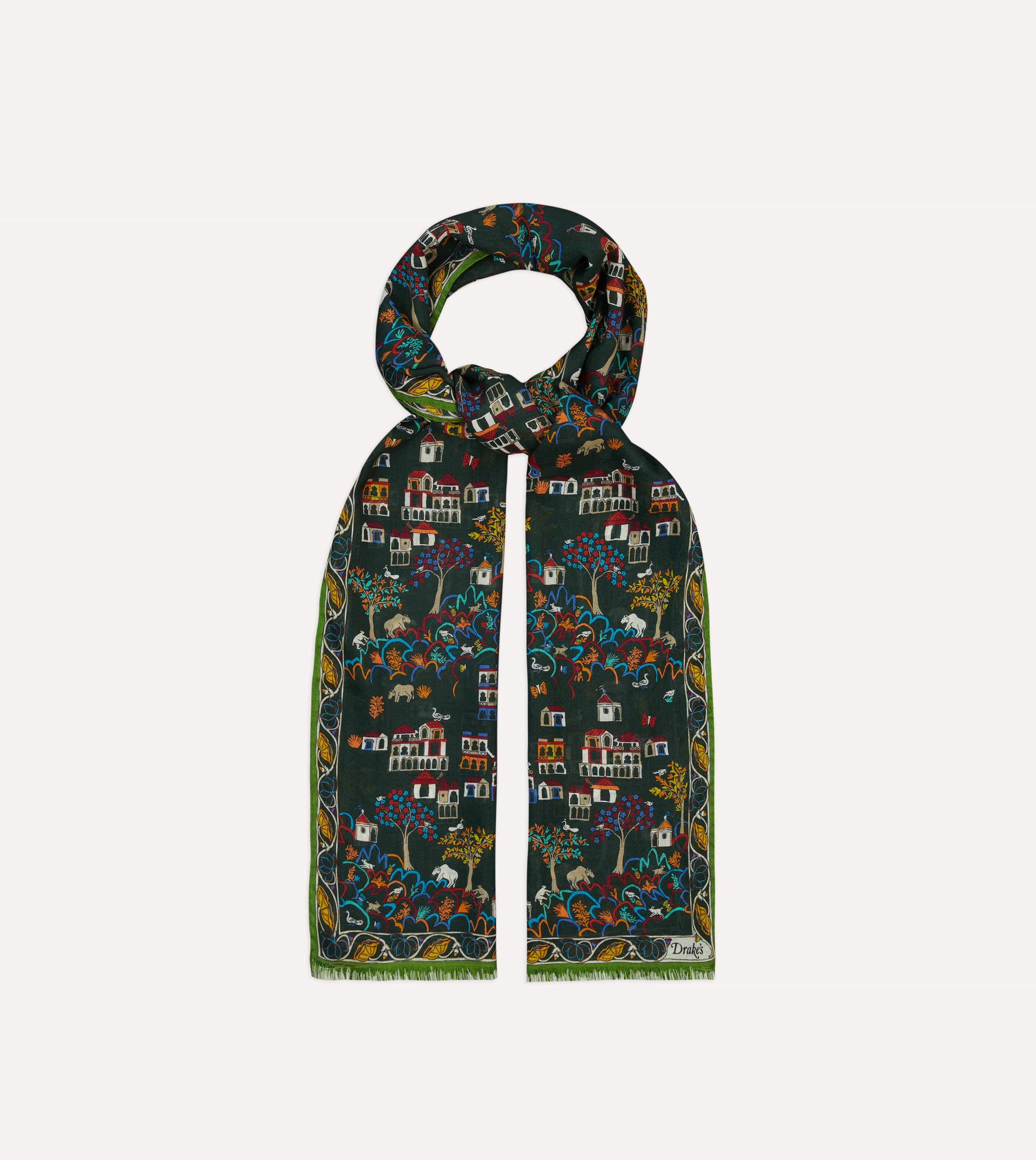 Green Antique Village Print Wool Silk Scarf - Image 4