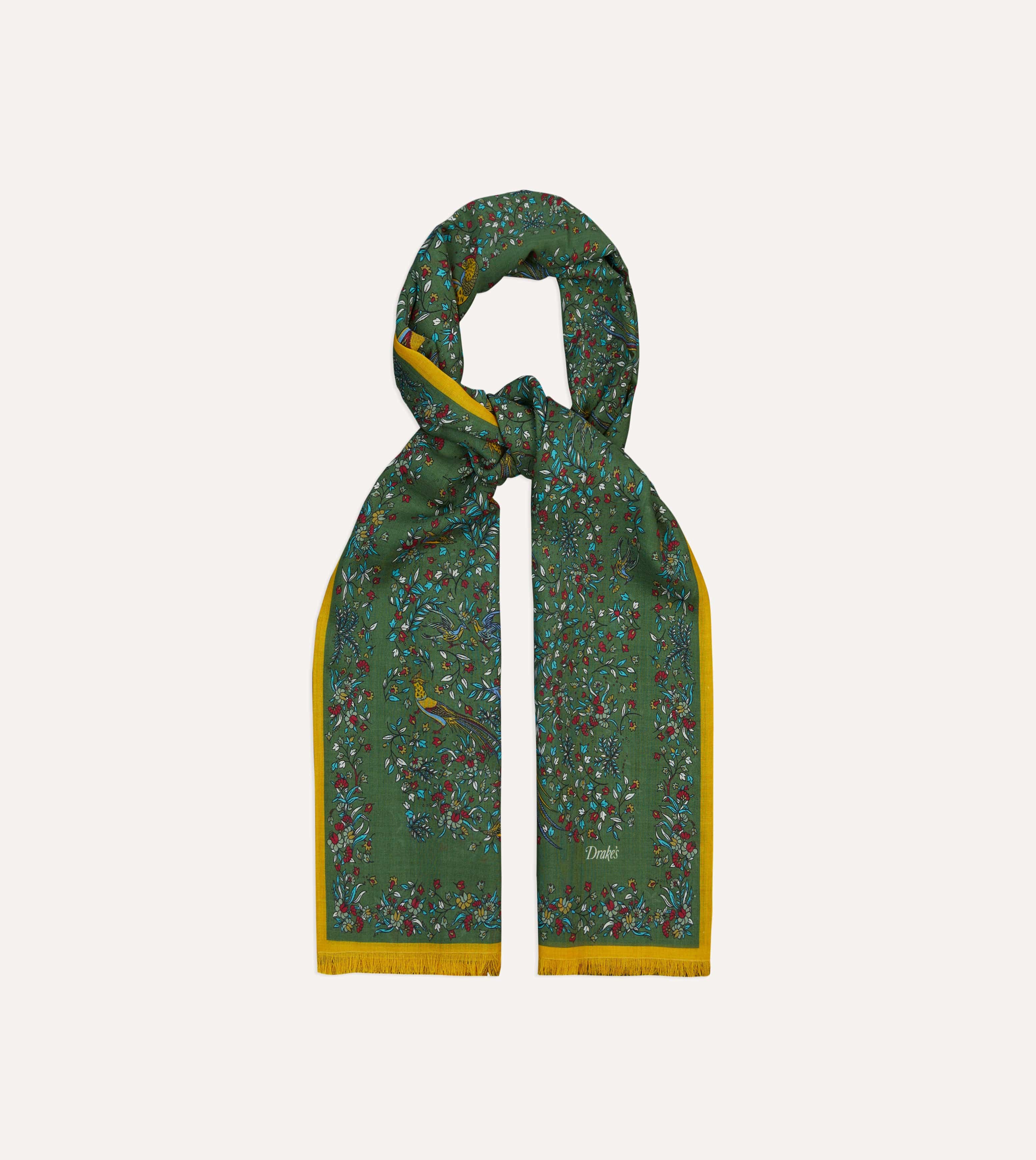 Green Birds of Paradise Print Tubular Wool Silk Scarf - Image 4
