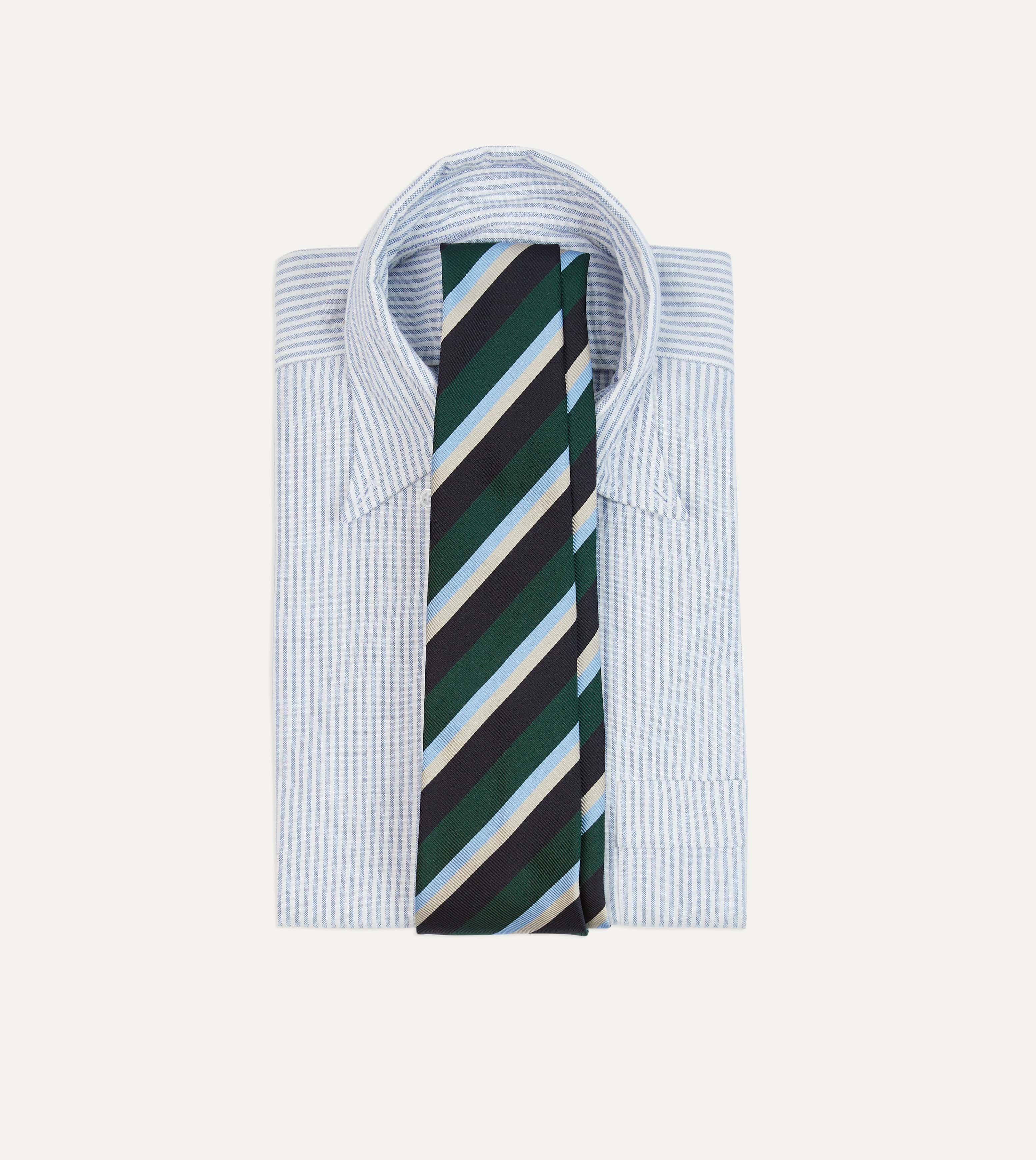 Green, Blue and White Multi Stripe Mogador Silk Tipped Tie - Image 2