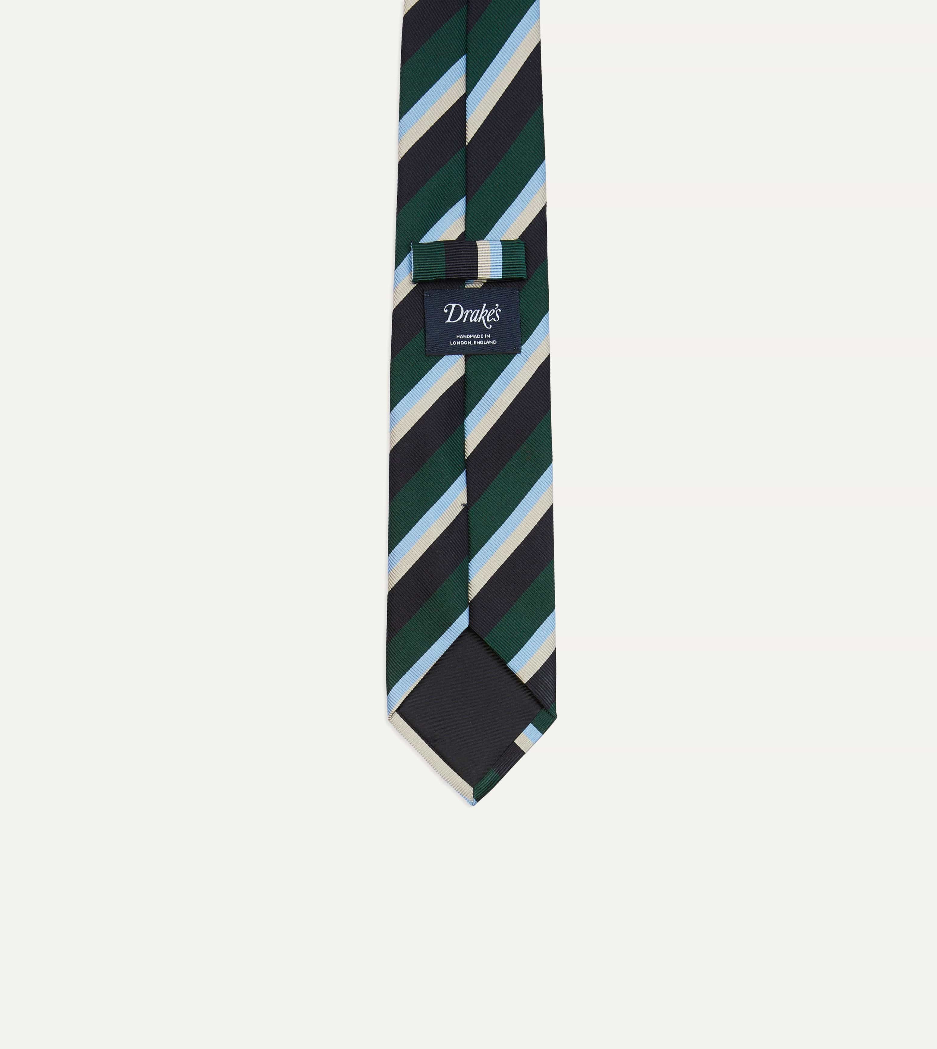 Green, Blue and White Multi Stripe Mogador Silk Tipped Tie - Image 4