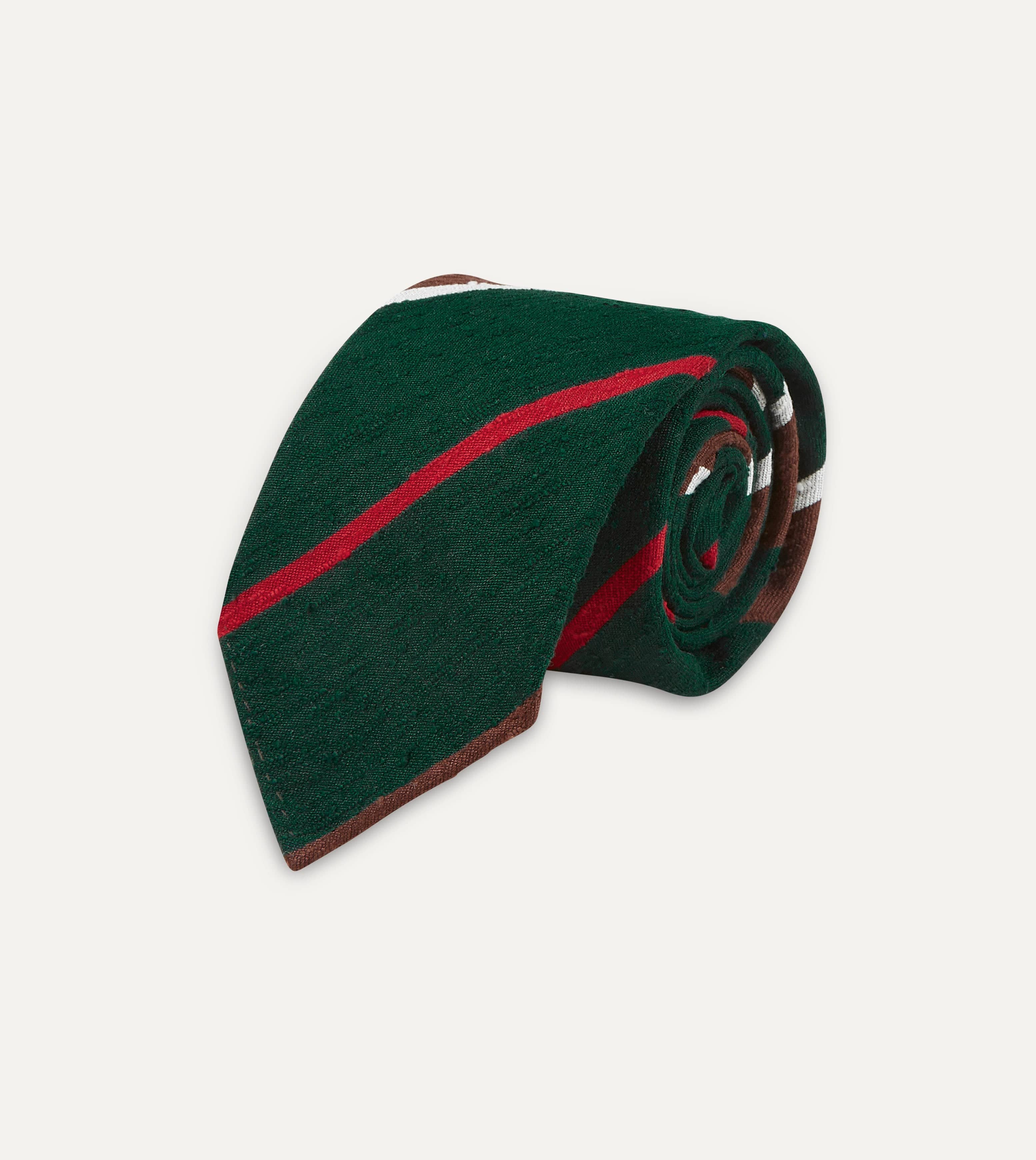 Green, Brown and White Stripe Shantung Silk Tie - Image 4