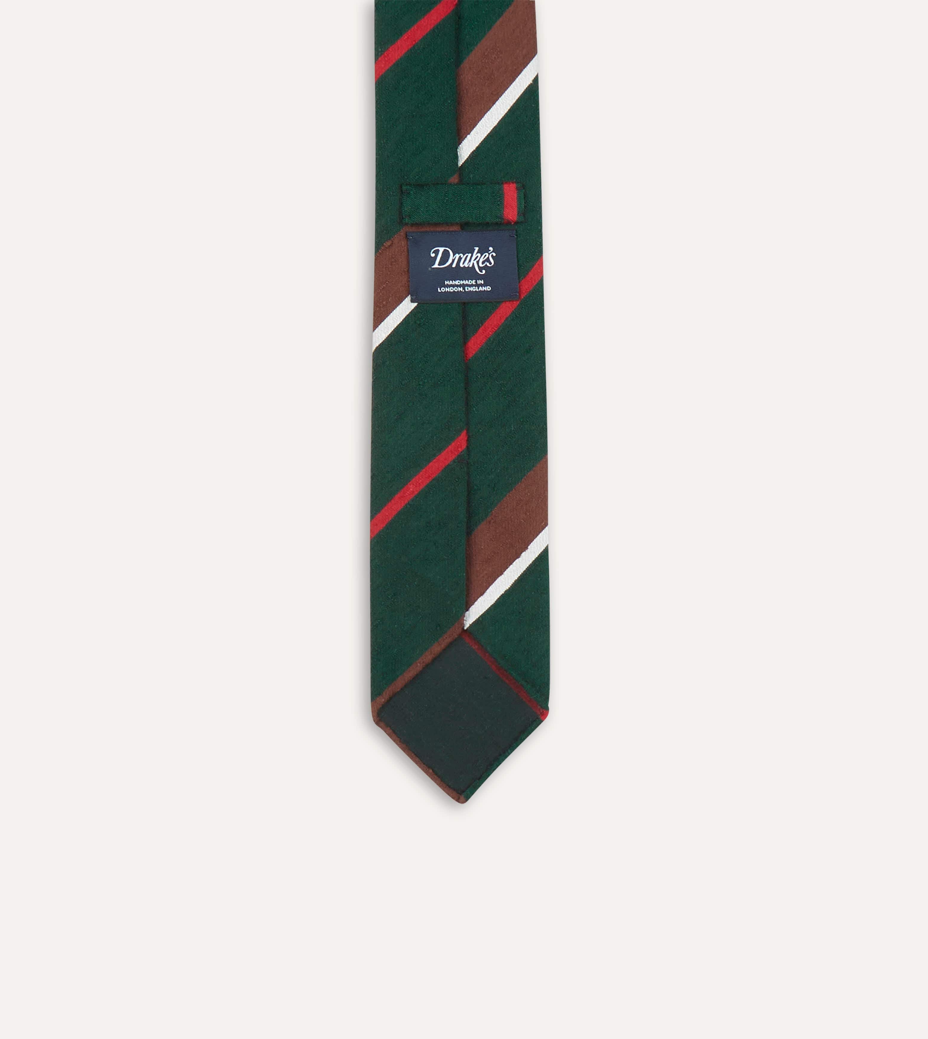 Green, Brown and White Stripe Shantung Silk Tie - Image 6