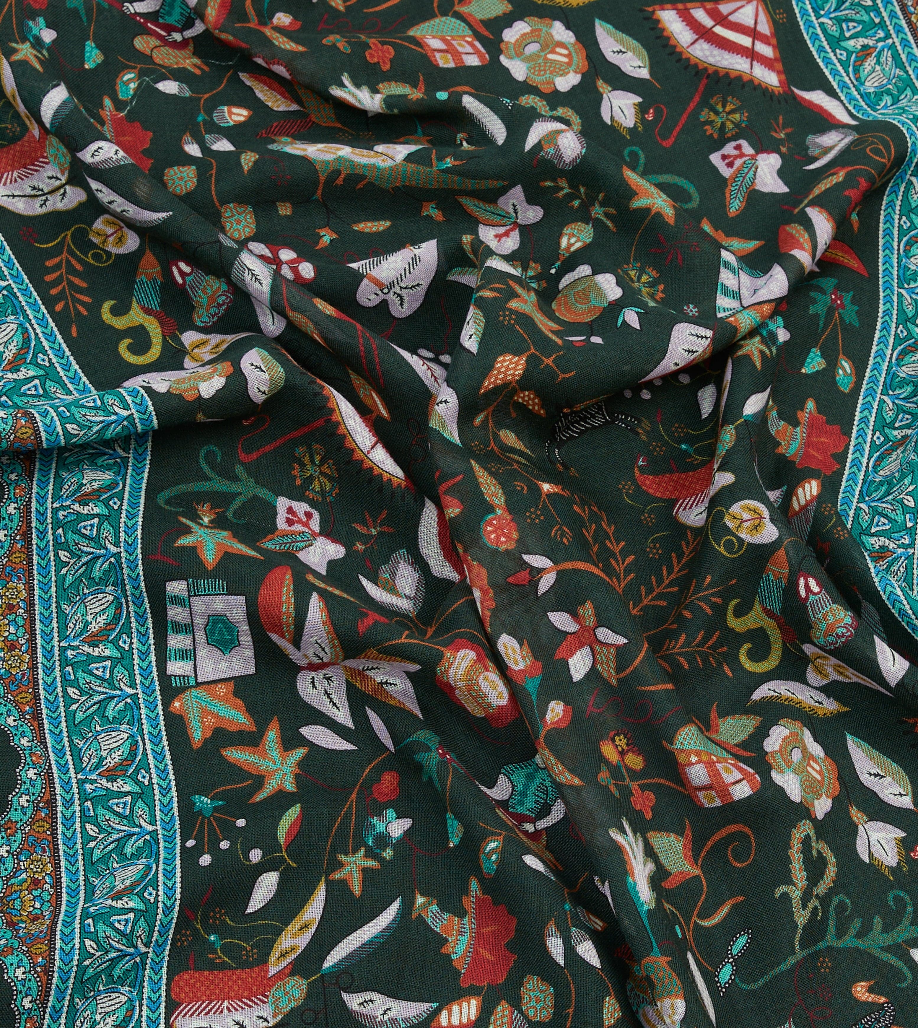 Green Classic Mughal Print Wool Silk Scarf - Image 2