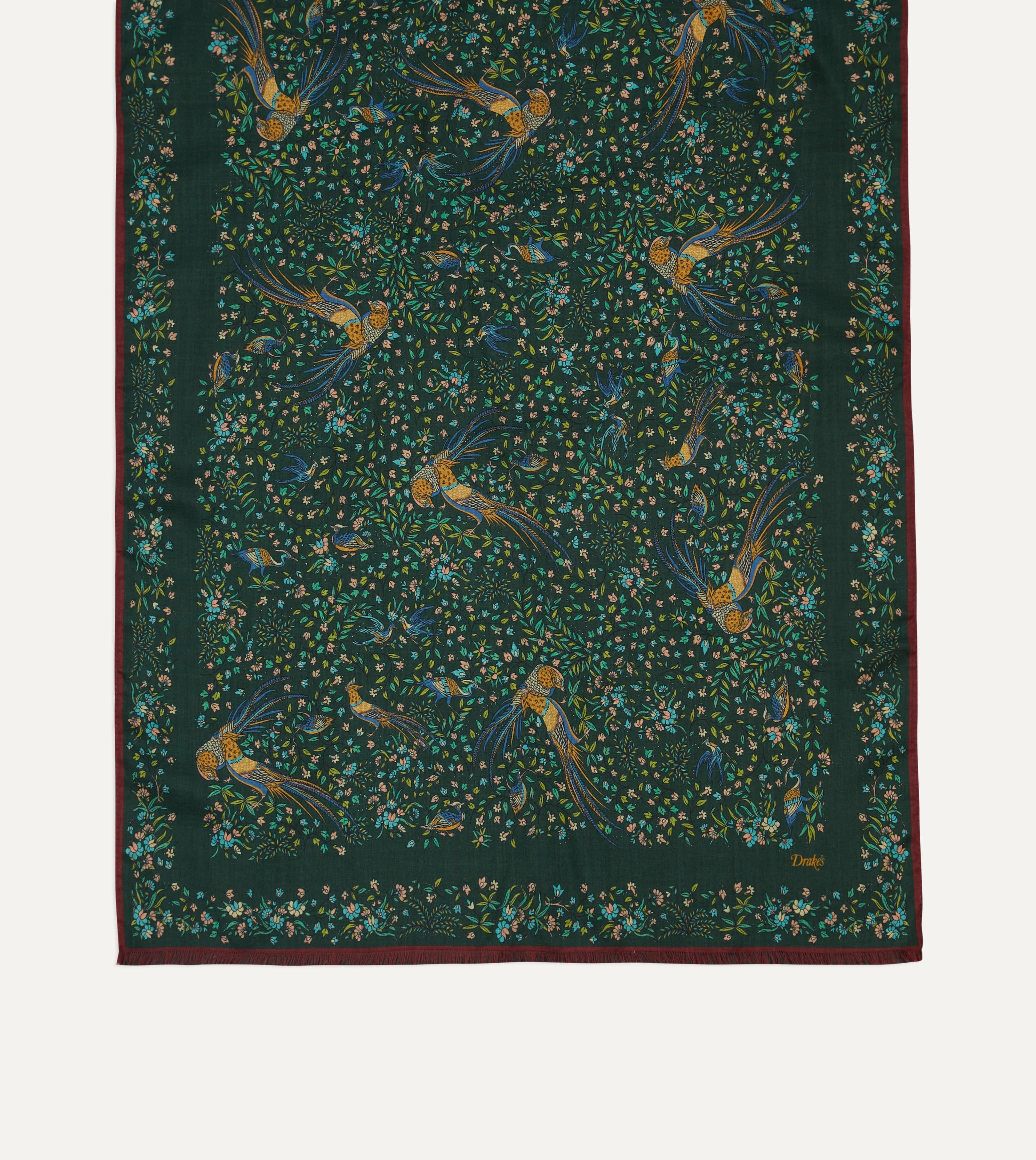 Green Floral Birds of Paradise Print Wool-Silk Scarf - Image 3