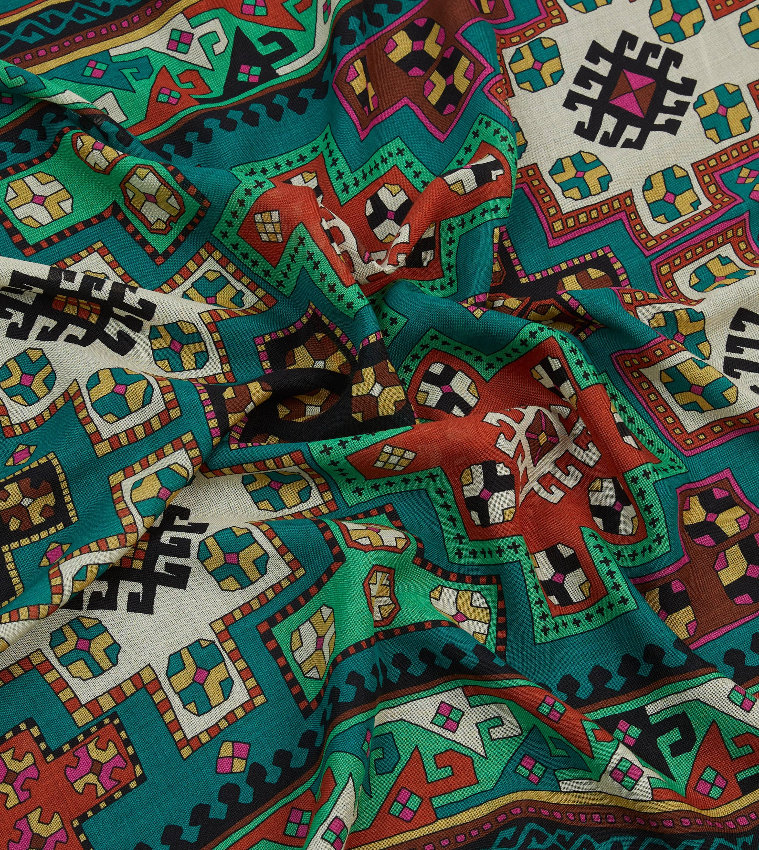 Green Kilim Print Wool-Silk Scarf - Image 2