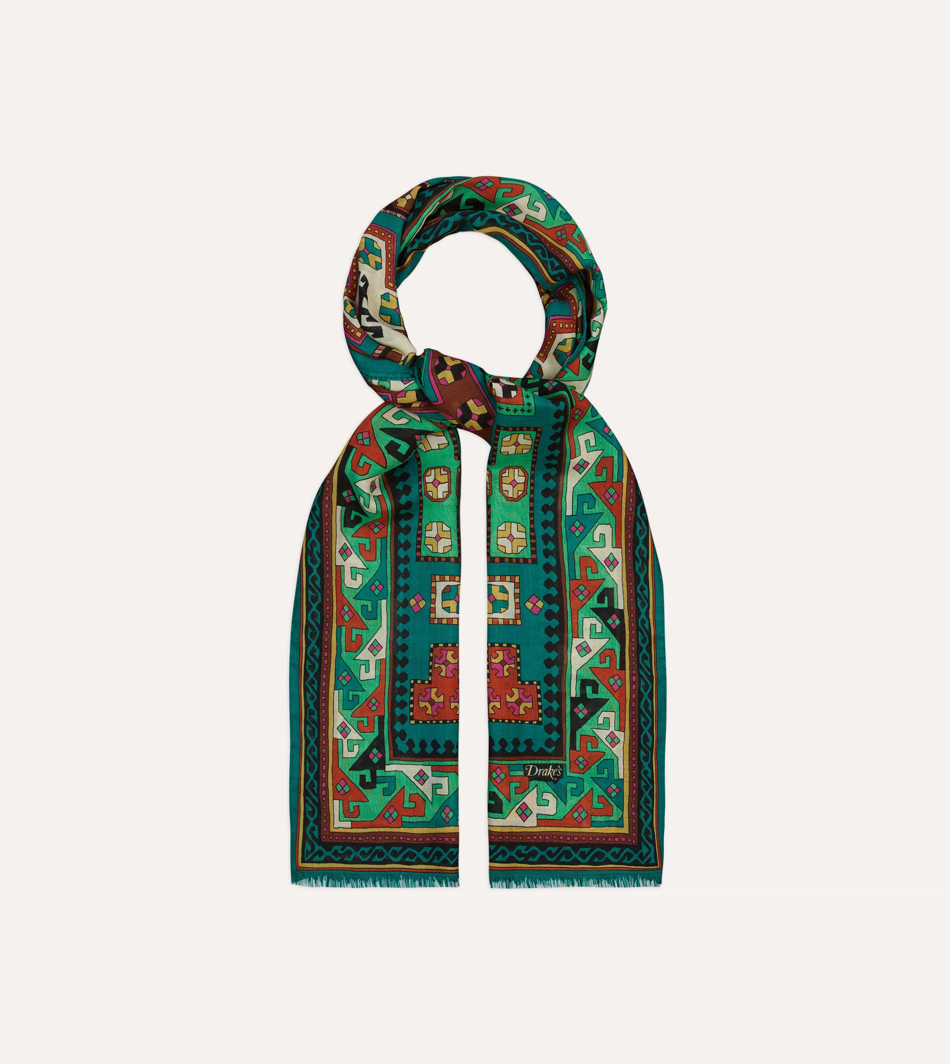 Green Kilim Print Wool-Silk Scarf - Image 3