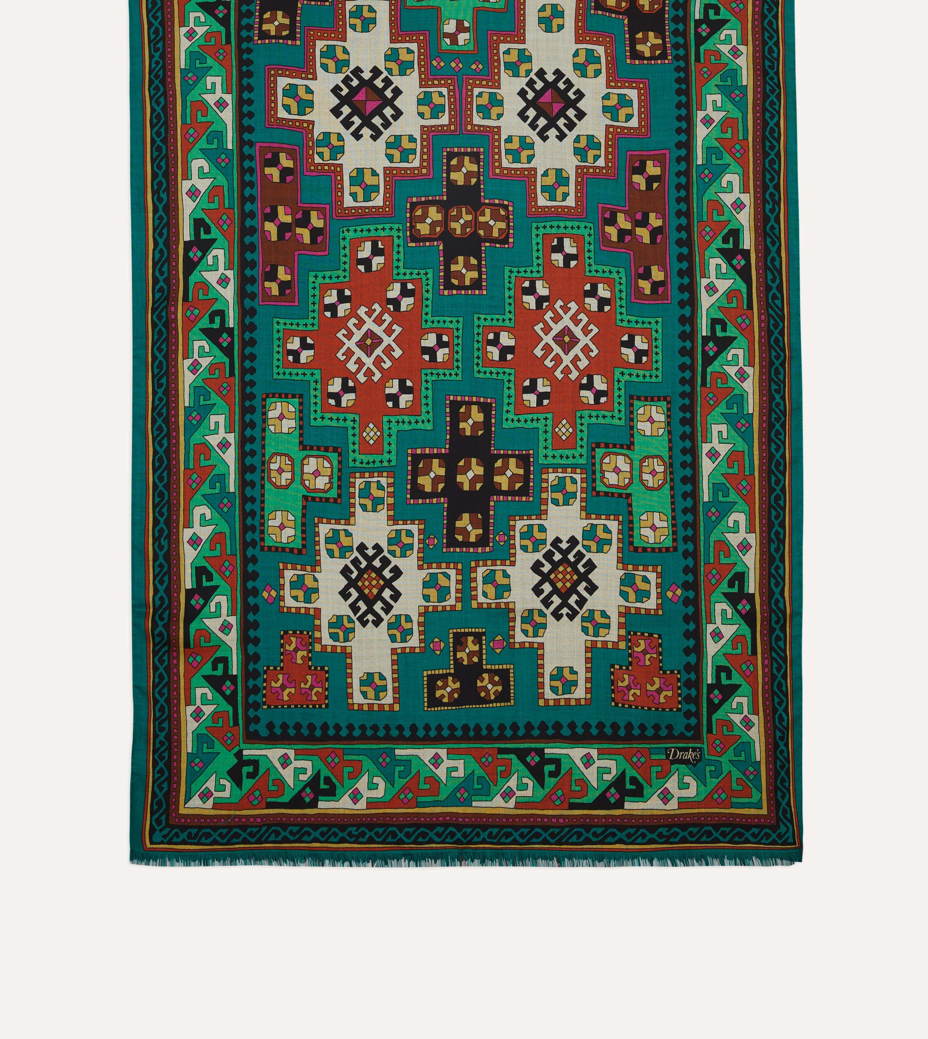 Green Kilim Print Wool-Silk Scarf - Image 4