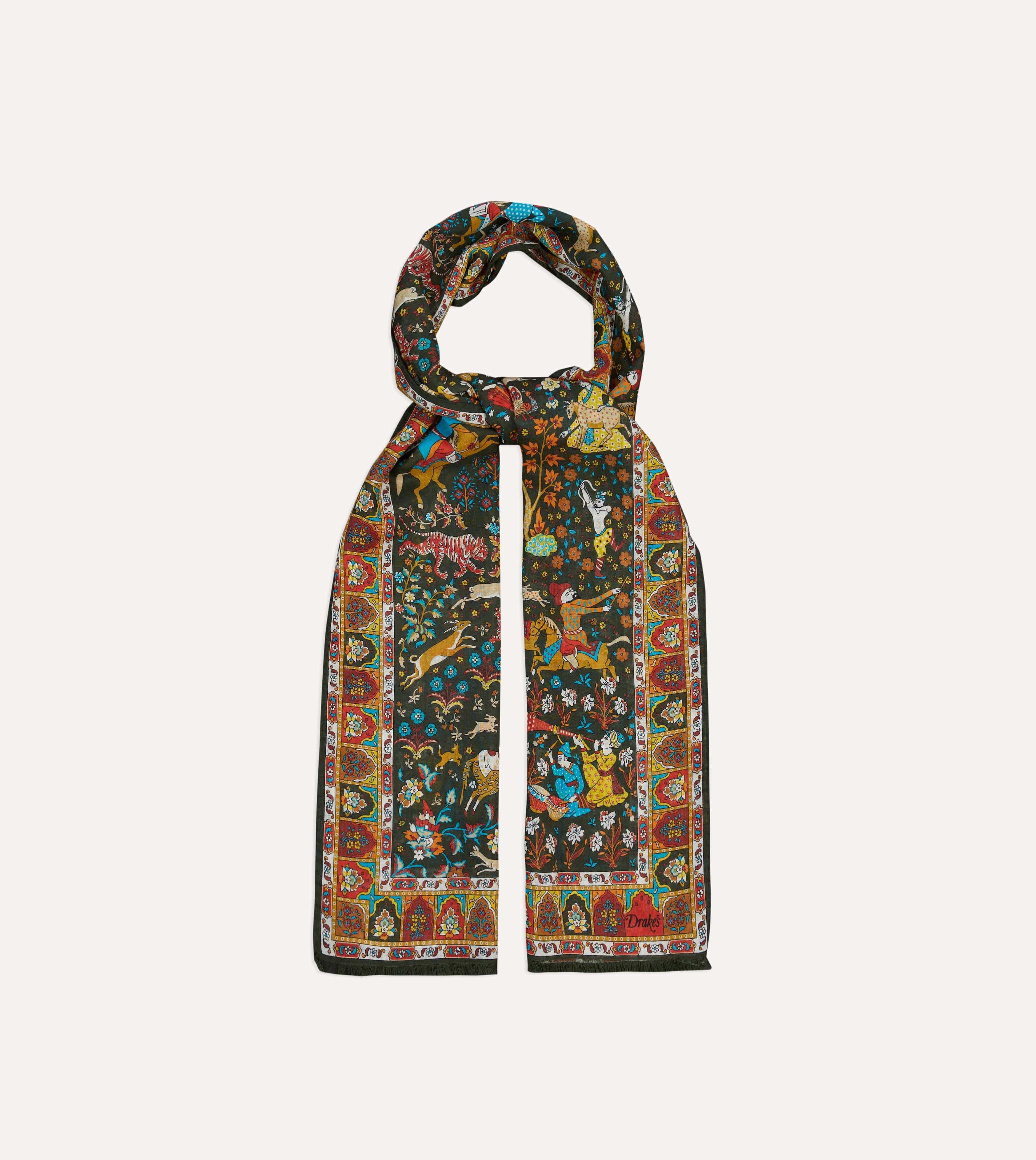 Green Mughal Garden Print Wool Silk Scarf - Image 4