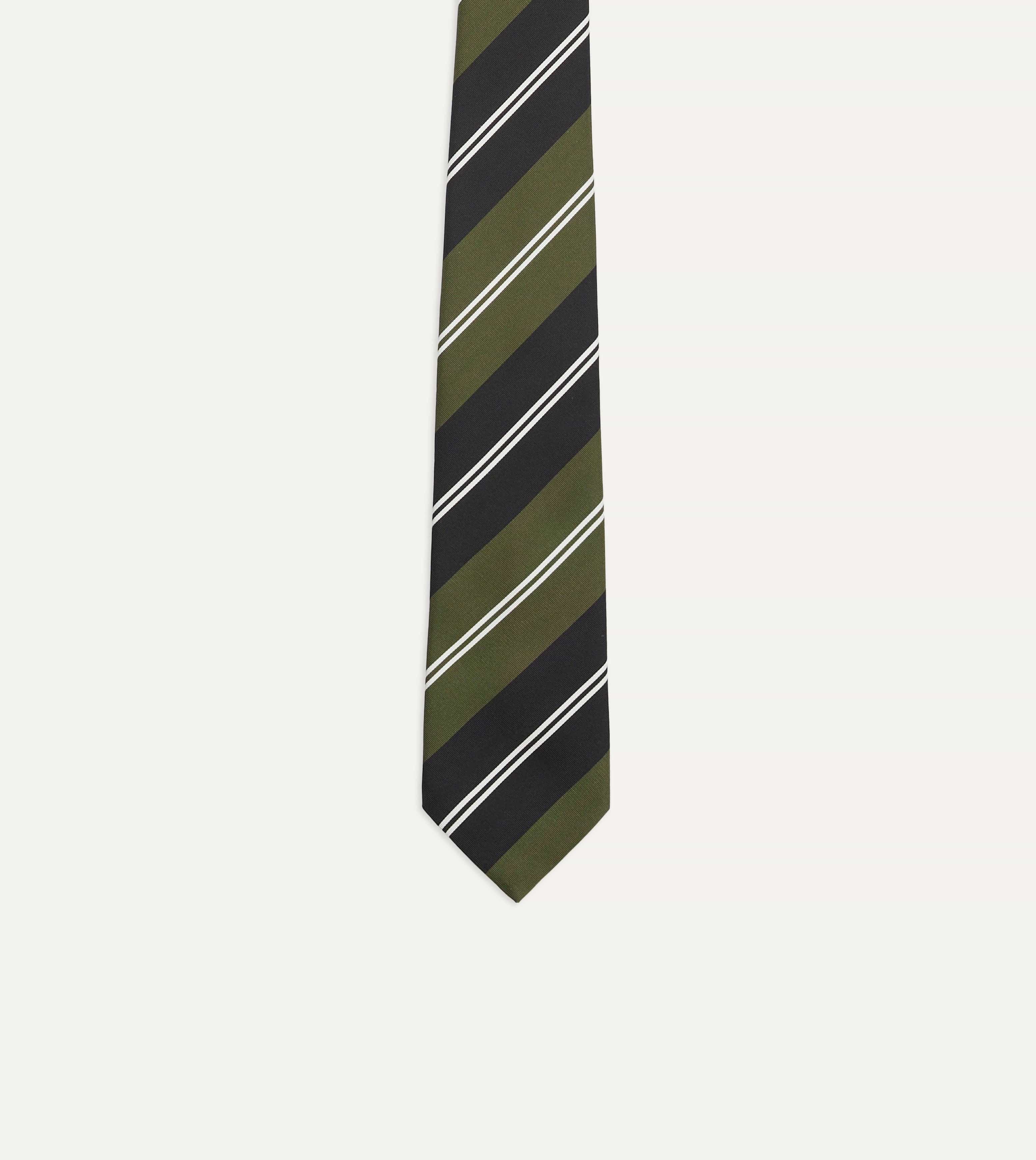 Green, Navy and White Regimental Stripe Mogador Tipped Tie - Image 4