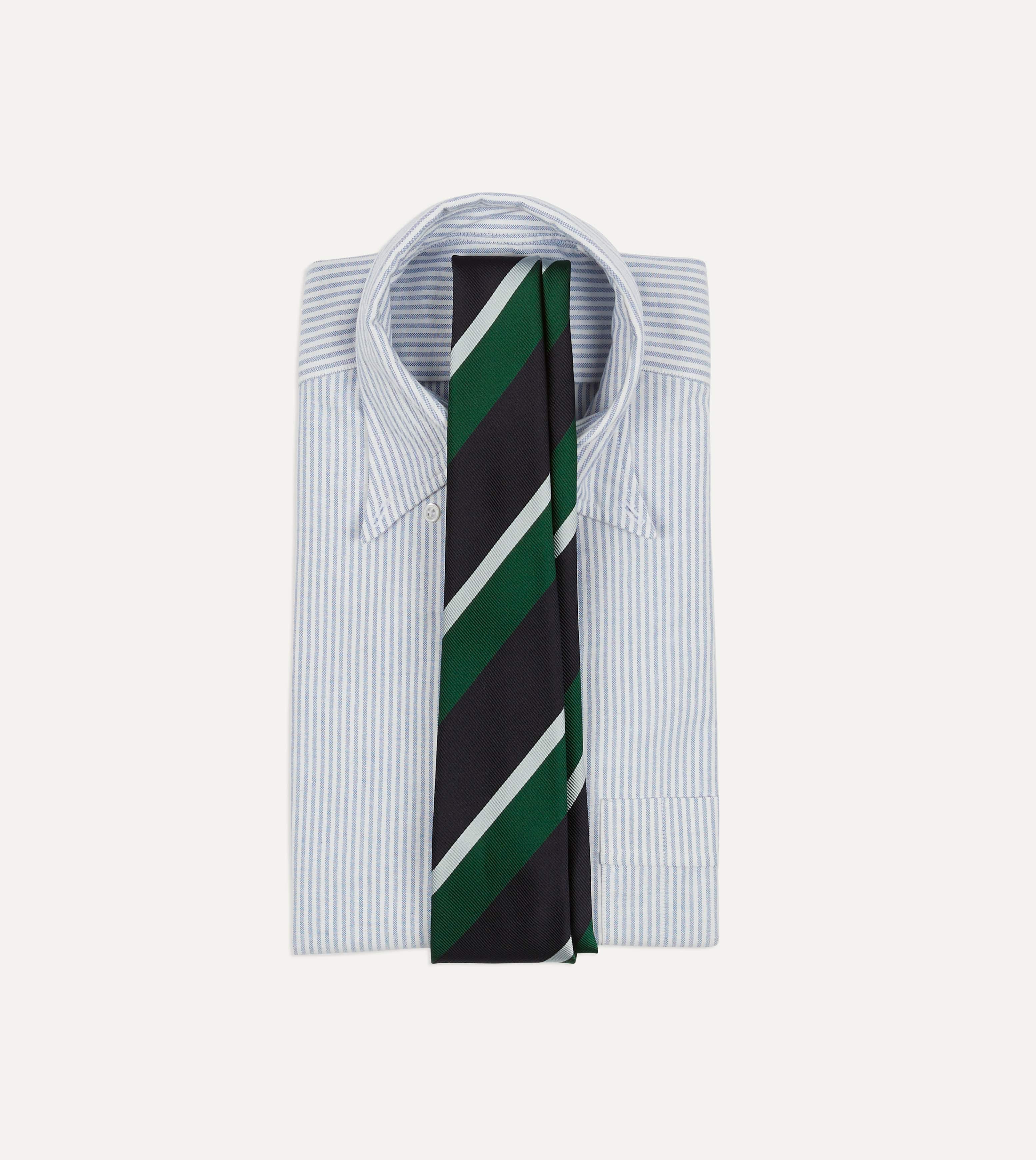 Green, Navy and White Stripe Tipped Repp Silk Tie - Image 2
