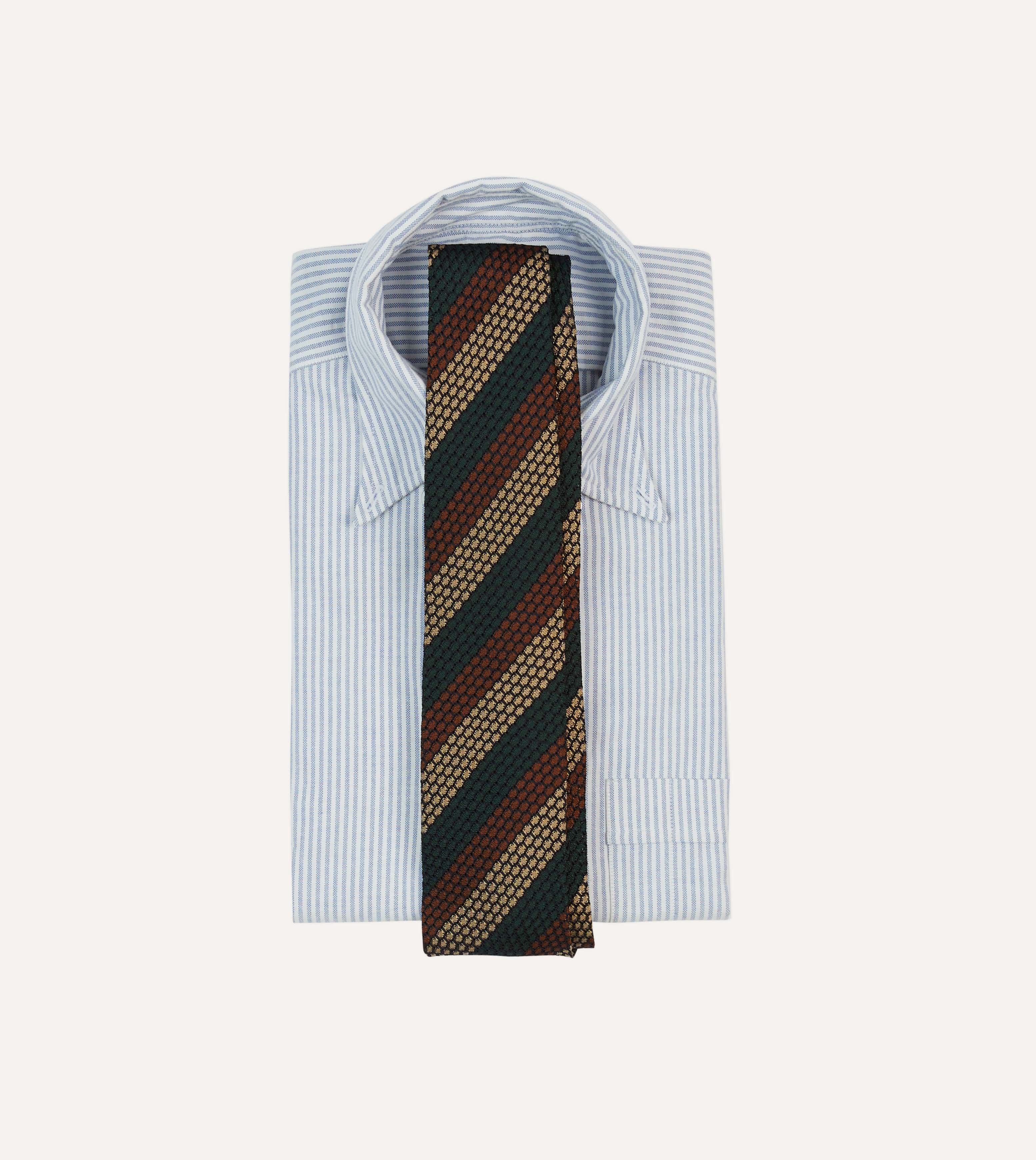 Green, Red and Gold Block Stripe Hand Rolled Silk Grenadine Tie - Image 2