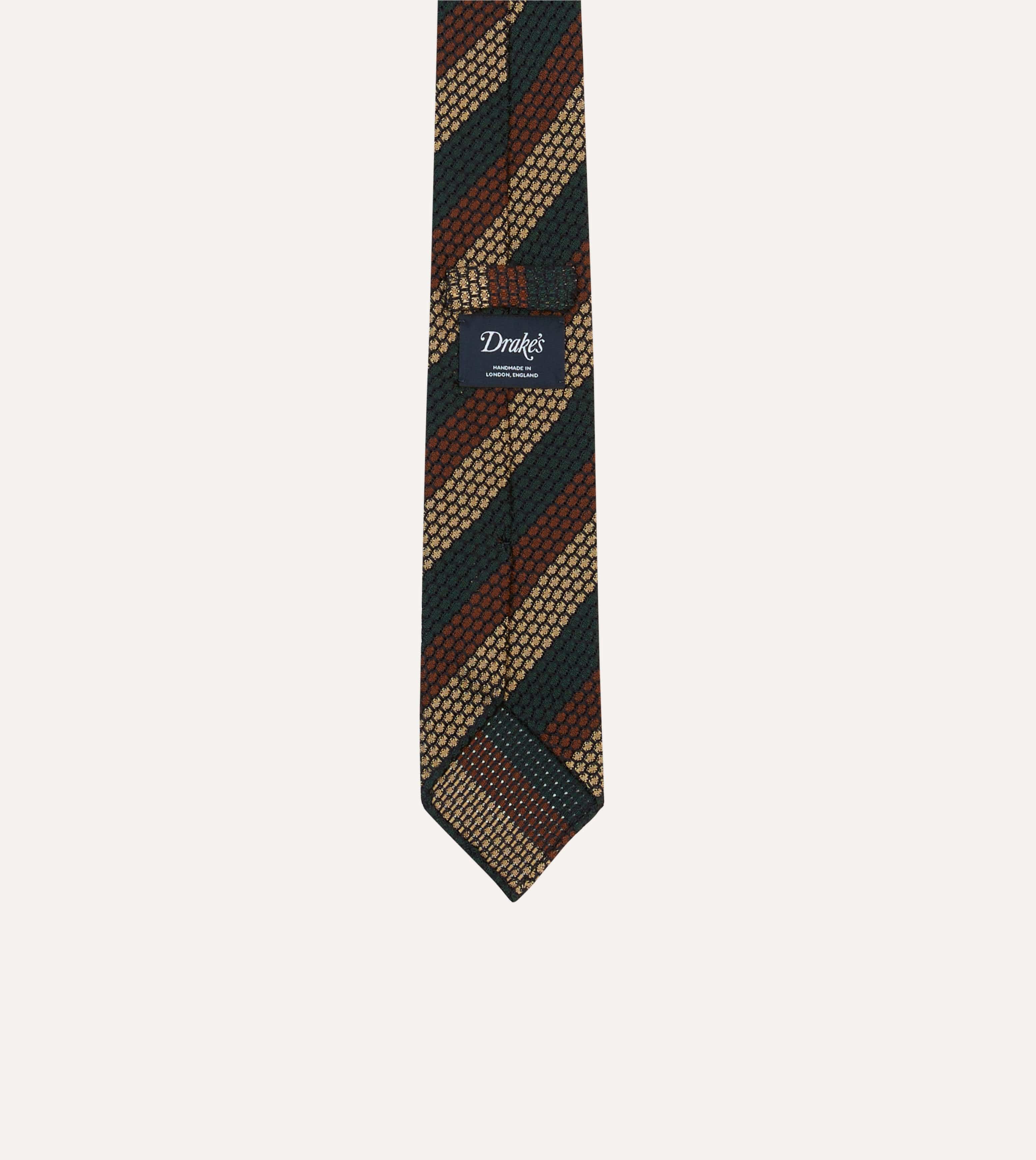 Green, Red and Gold Block Stripe Hand Rolled Silk Grenadine Tie - Image 4