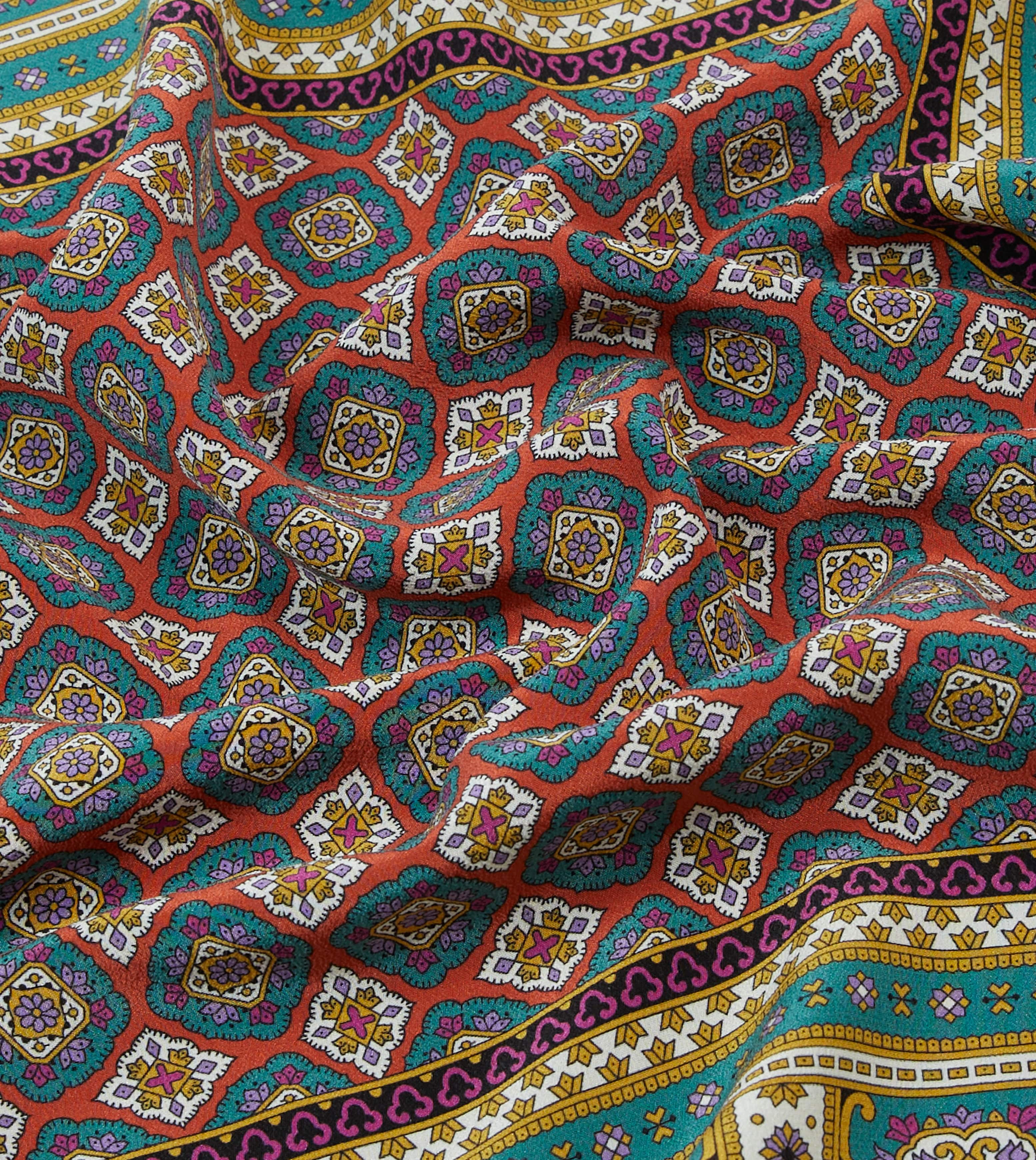 Green, Red and Gold Floral Medallion Print Silk Pocket Square - Image 2