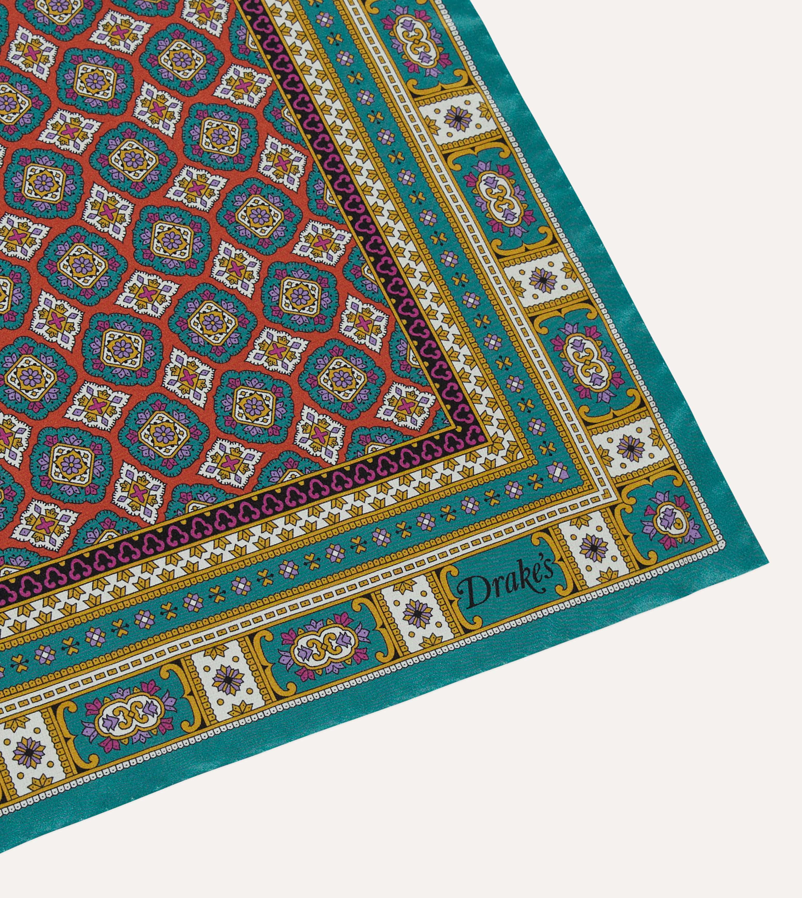 Green, Red and Gold Floral Medallion Print Silk Pocket Square - Image 3