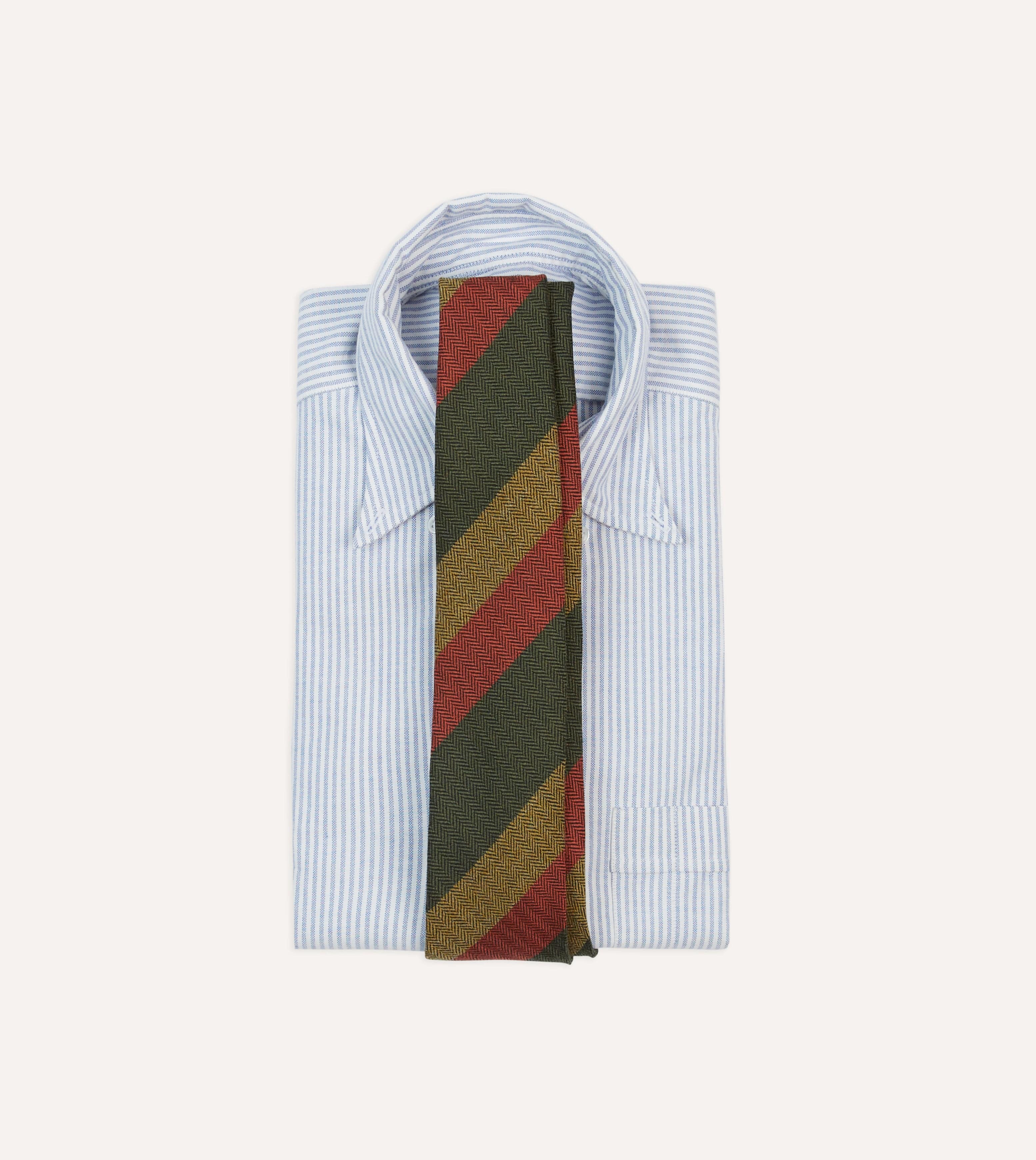 Green, Red and Mustard Block Stripe Hand Rolled Wool Tie - Image 2