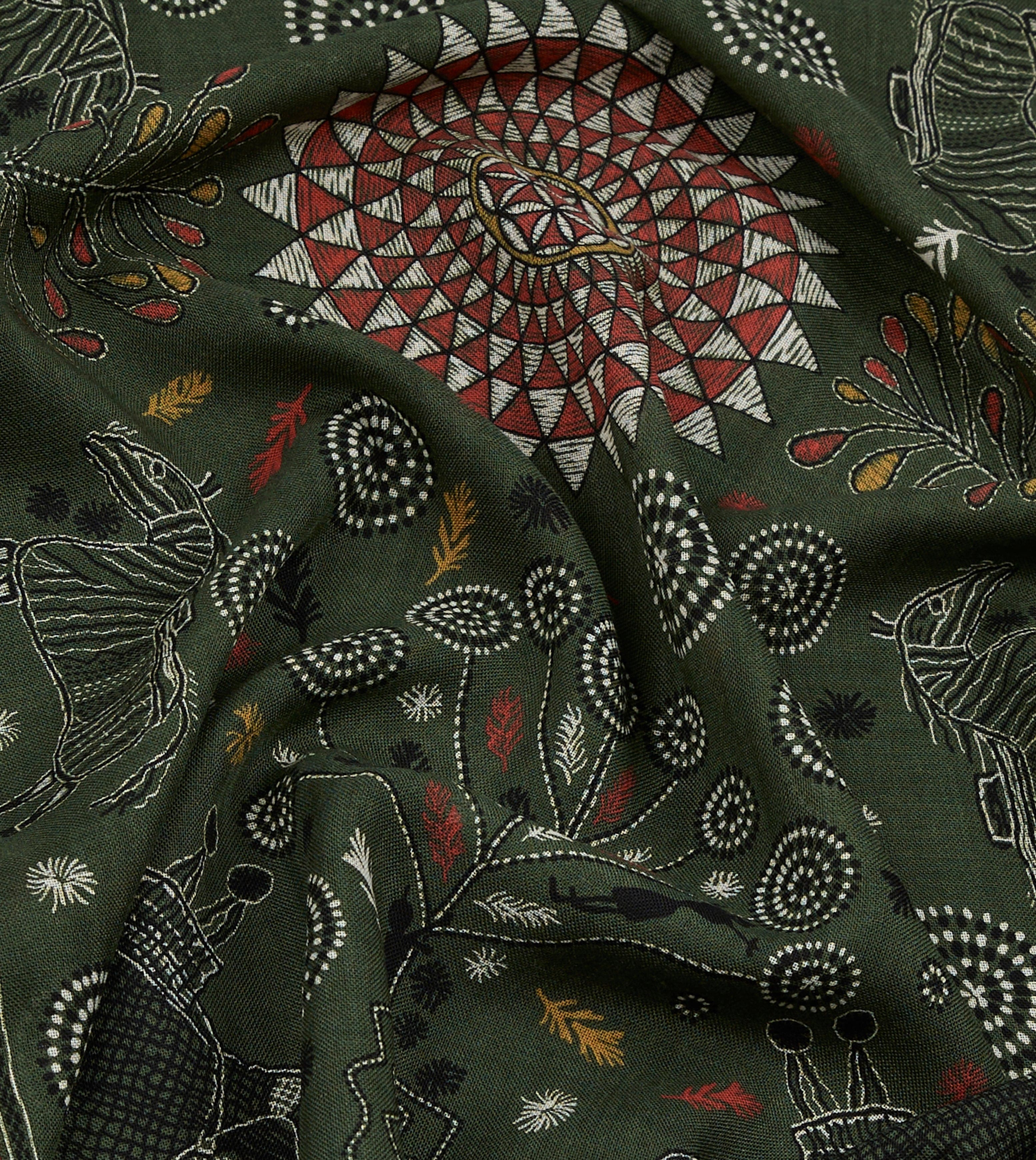 Green Rustic Elephant Print Wool-Silk Scarf - Image 2