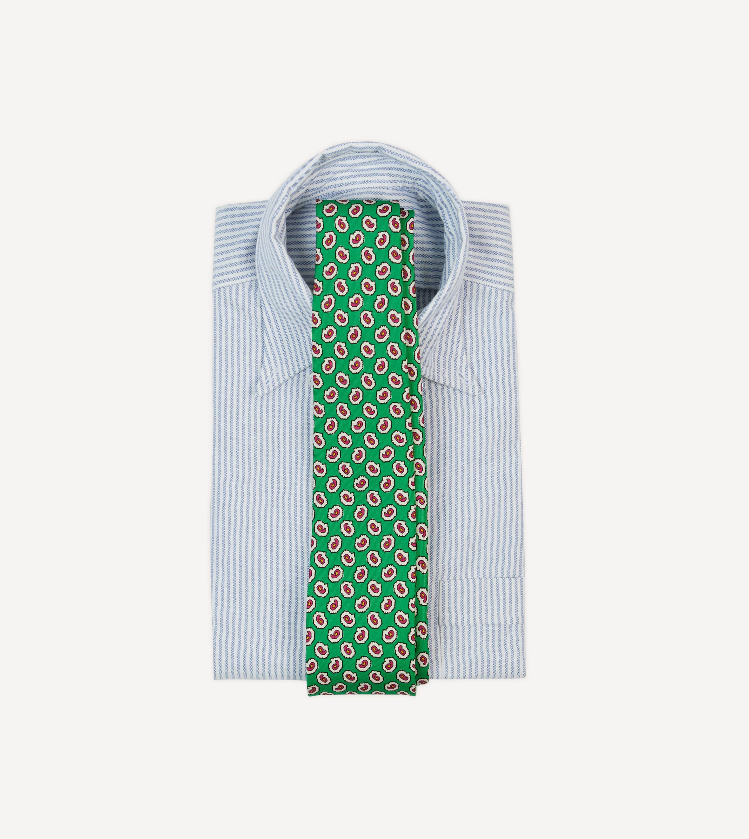 Green Small Paisley Leaf Print Silk Self Tipped Tie - Image 2