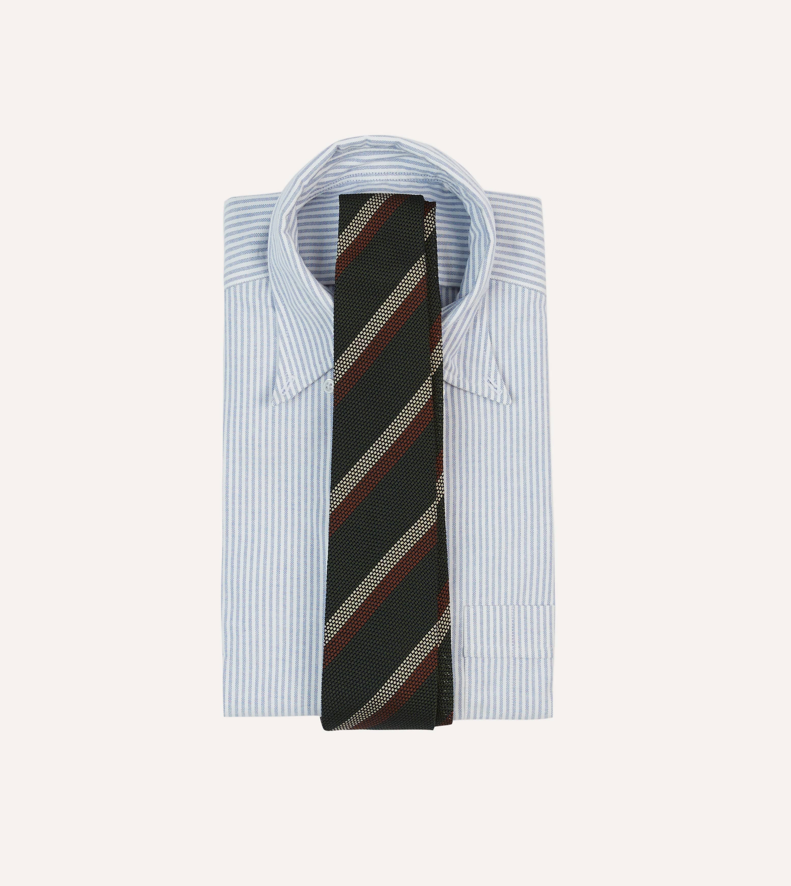 Green, White and Brown Double Stripe Hand Rolled Silk Grenadine Tie - Image 2