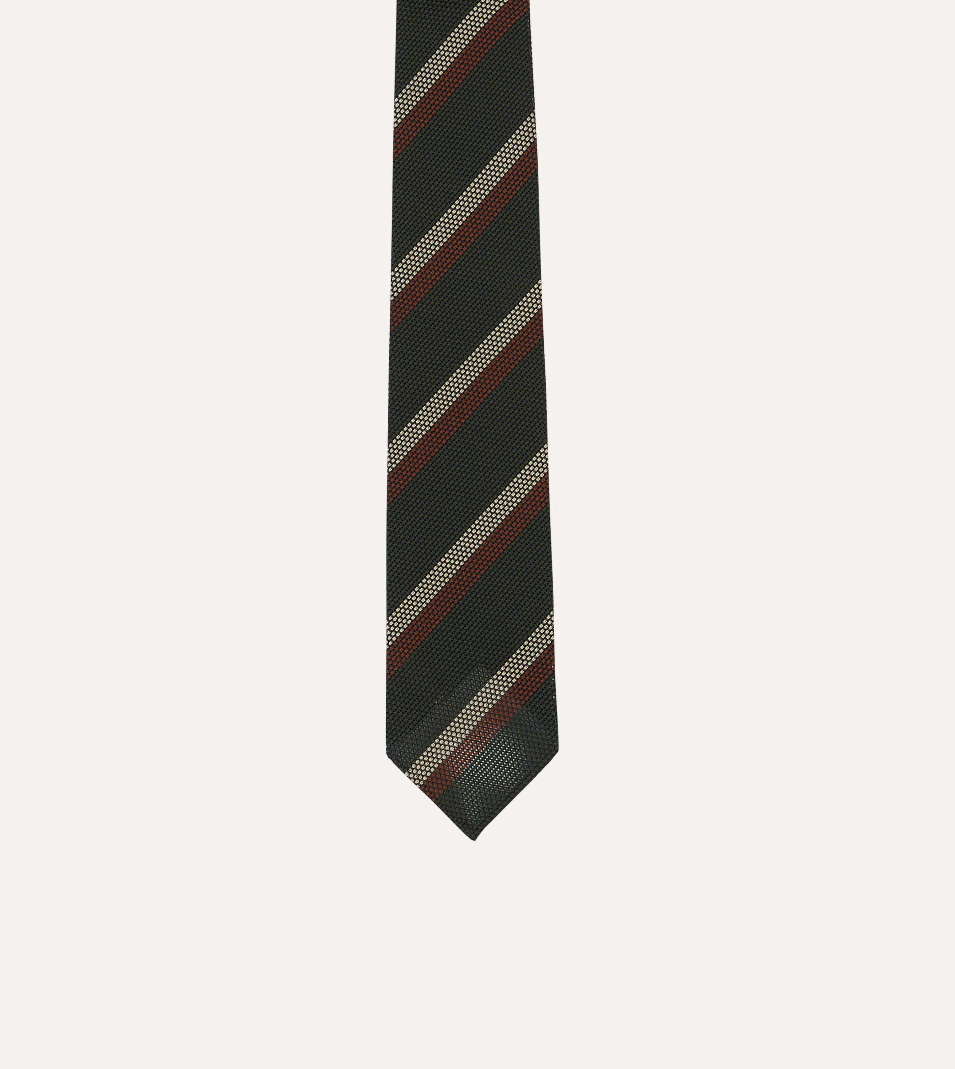 Green, White and Brown Double Stripe Hand Rolled Silk Grenadine Tie - Image 3