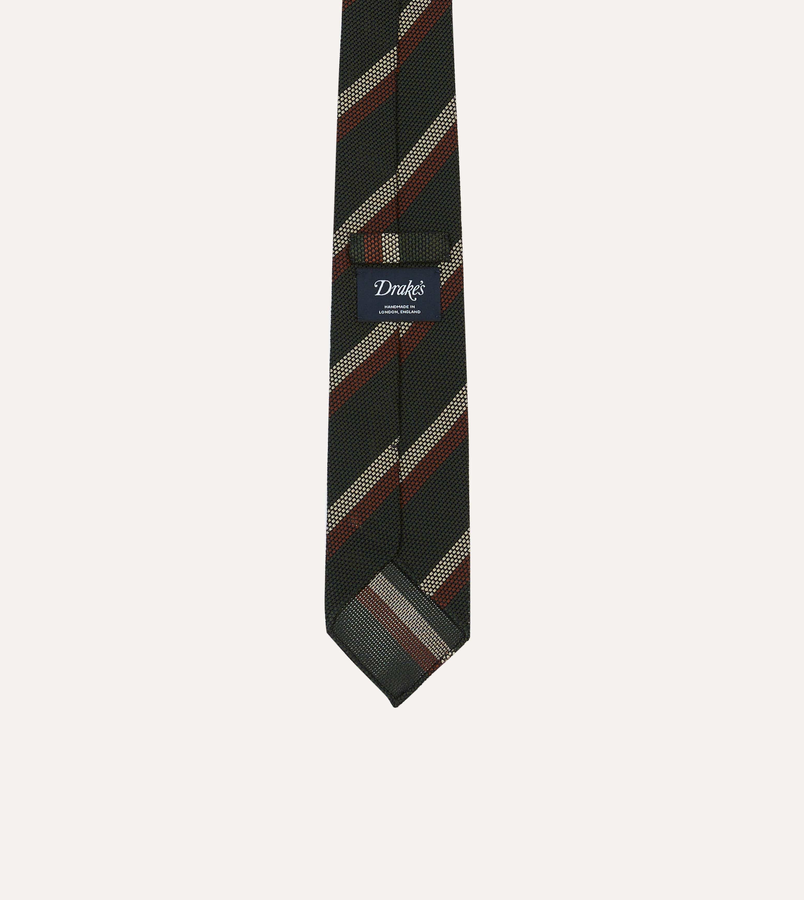 Green, White and Brown Double Stripe Hand Rolled Silk Grenadine Tie - Image 4